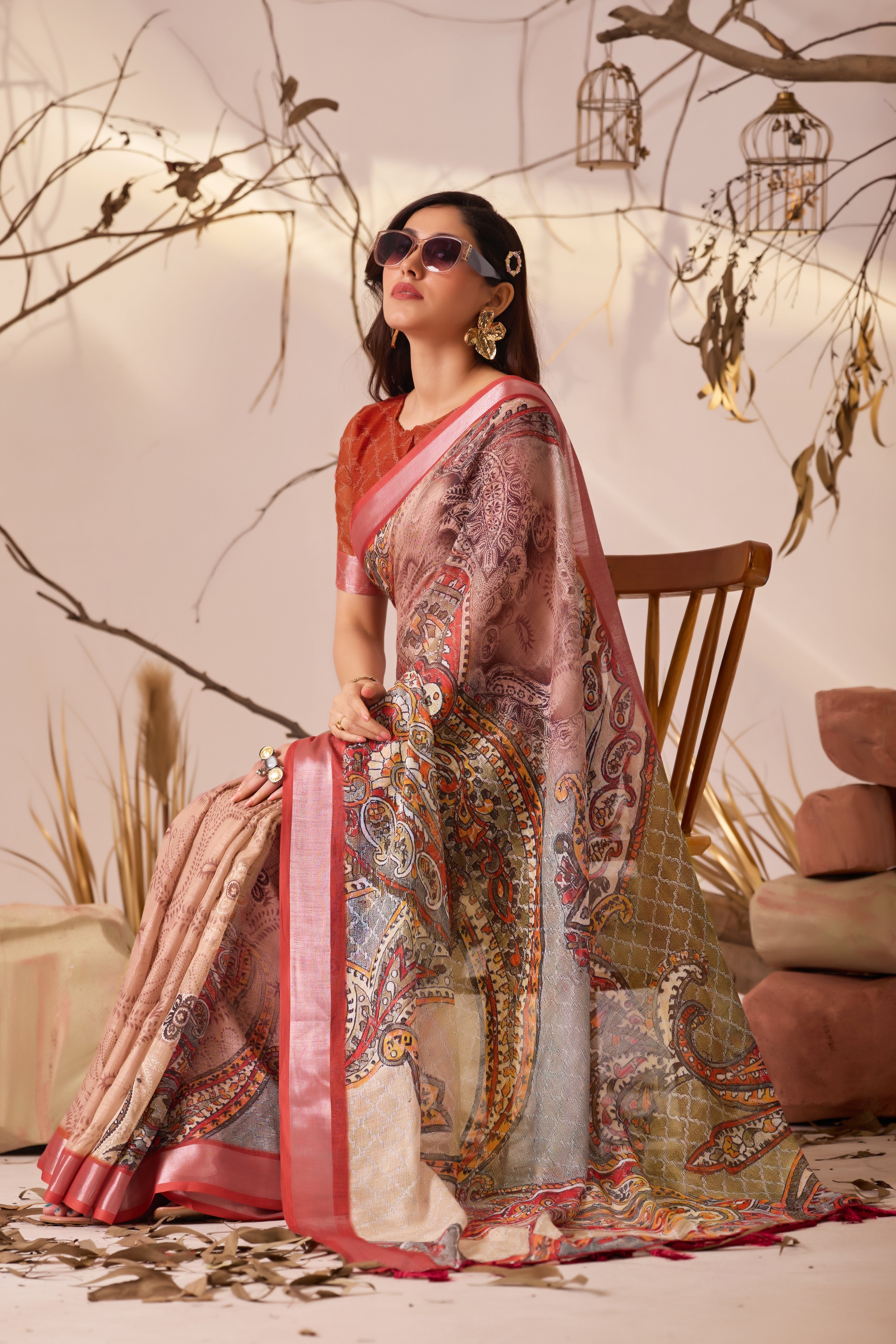 Premium Linen Cotton Saree with Elegant Digital Paisley Print