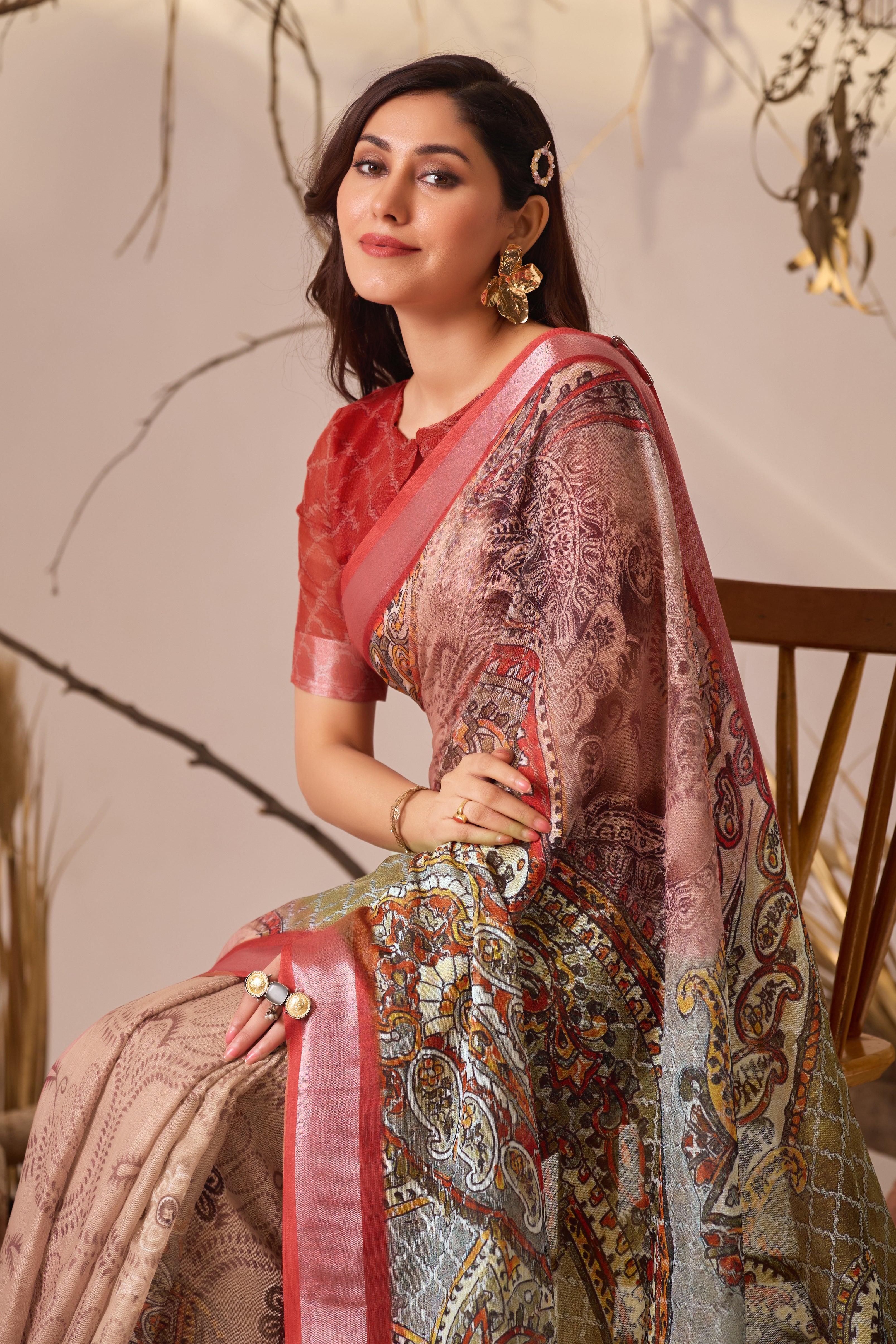 Premium Linen Cotton Saree with Elegant Digital Paisley Print