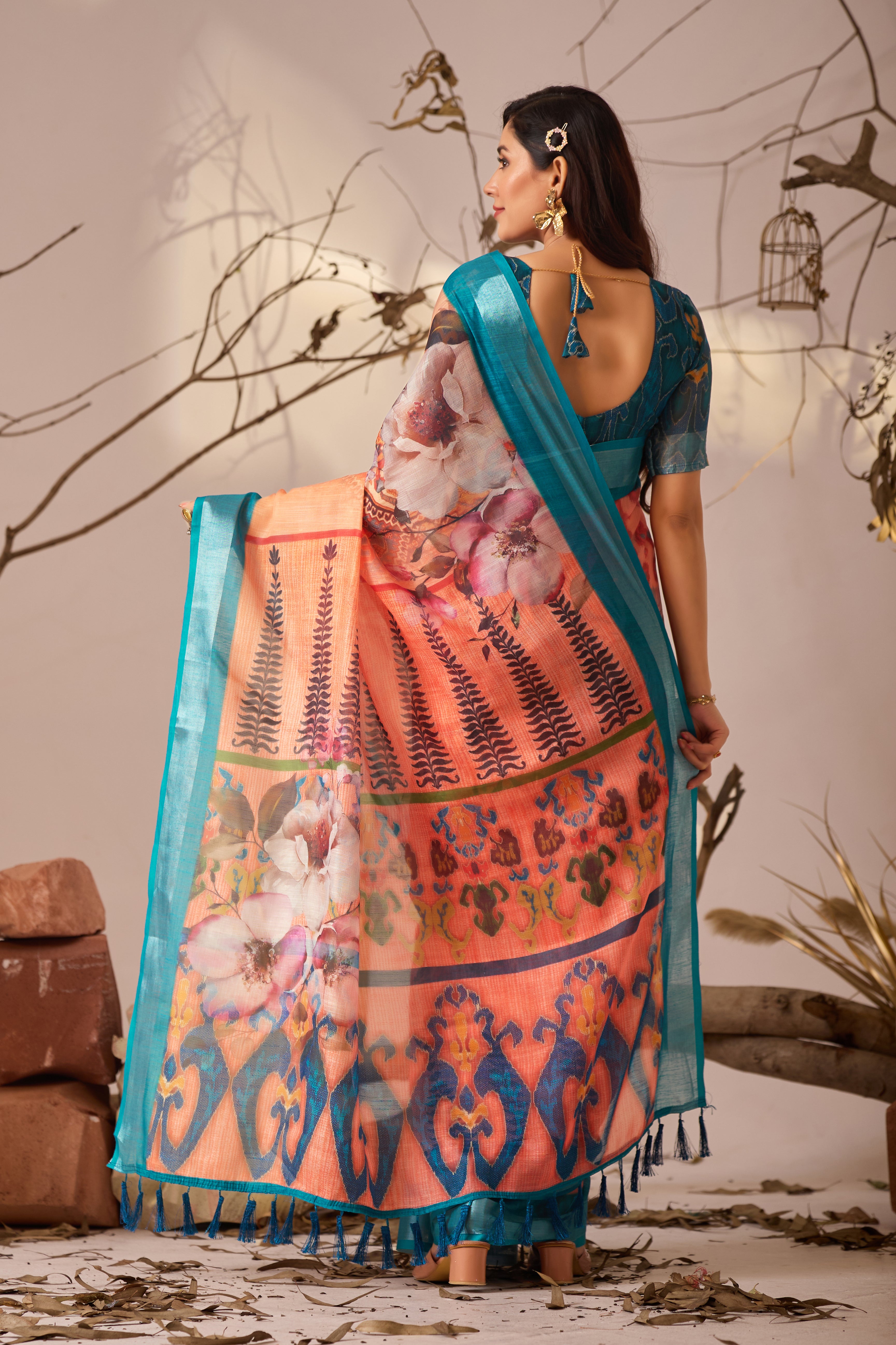 Premium Linen Cotton Saree with Elegant Digital Floral