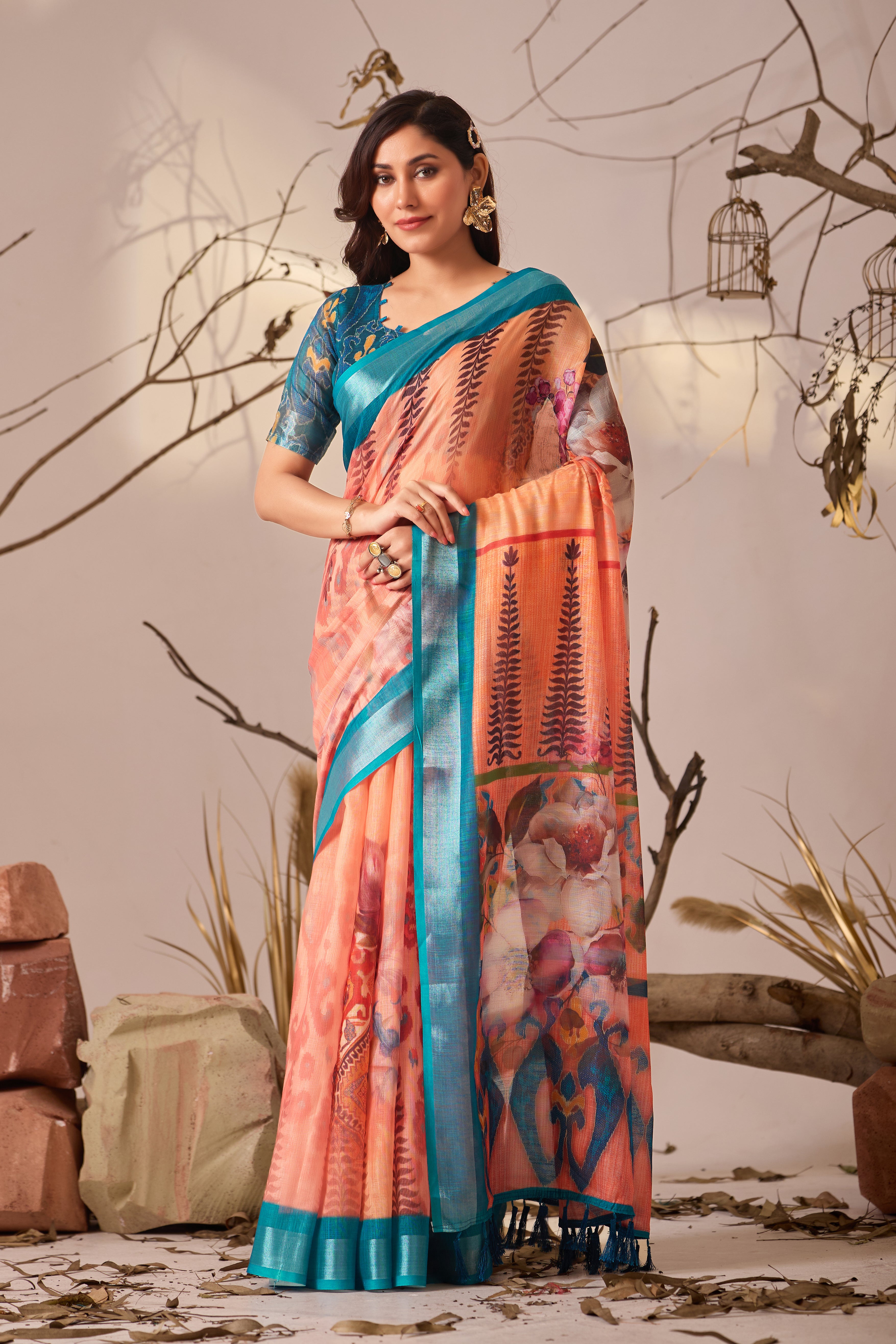 Premium Linen Cotton Saree with Elegant Digital Floral