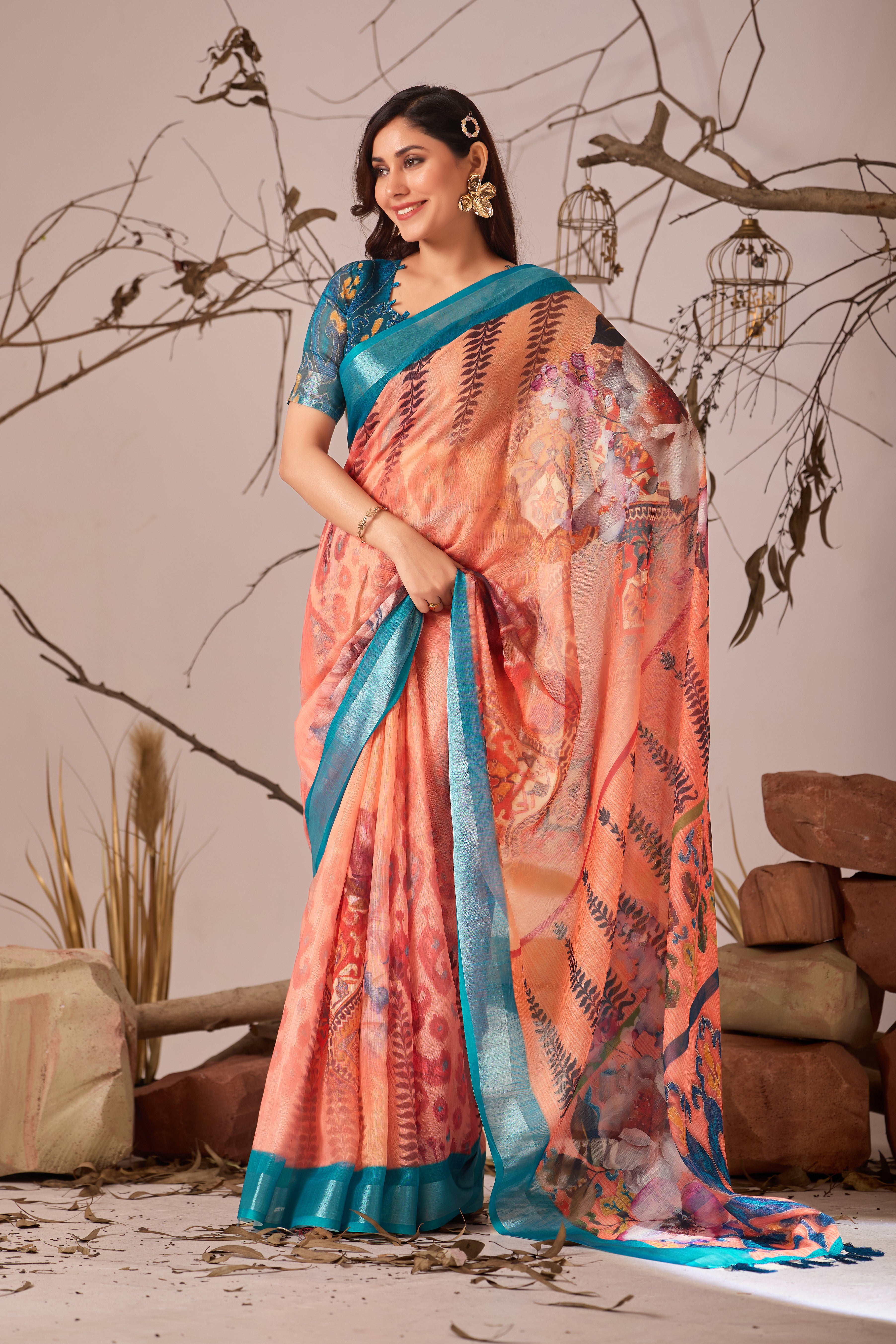 Premium Linen Cotton Saree with Elegant Digital Floral