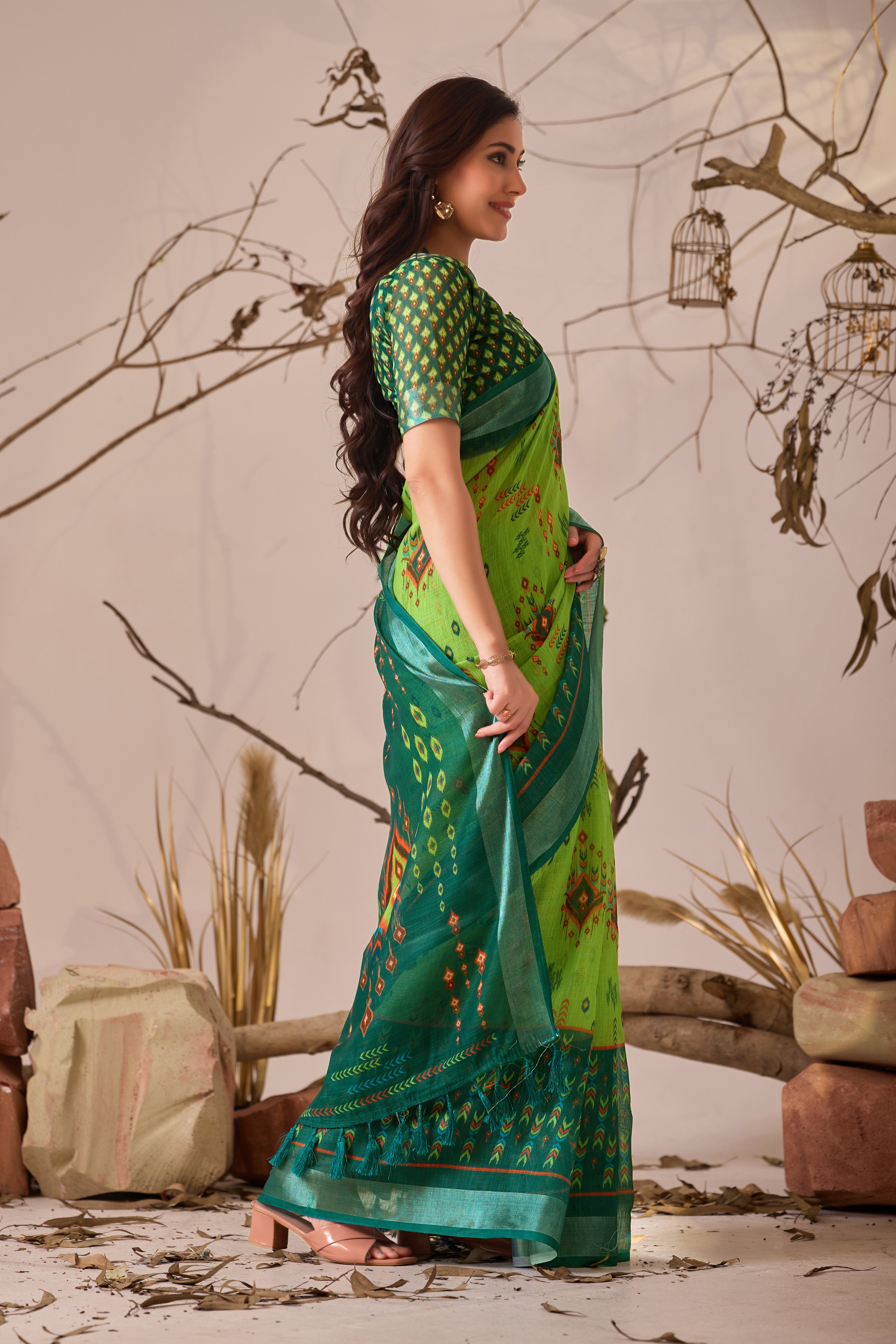 Premium Linen Cotton Saree with Elegant Digital Patola
