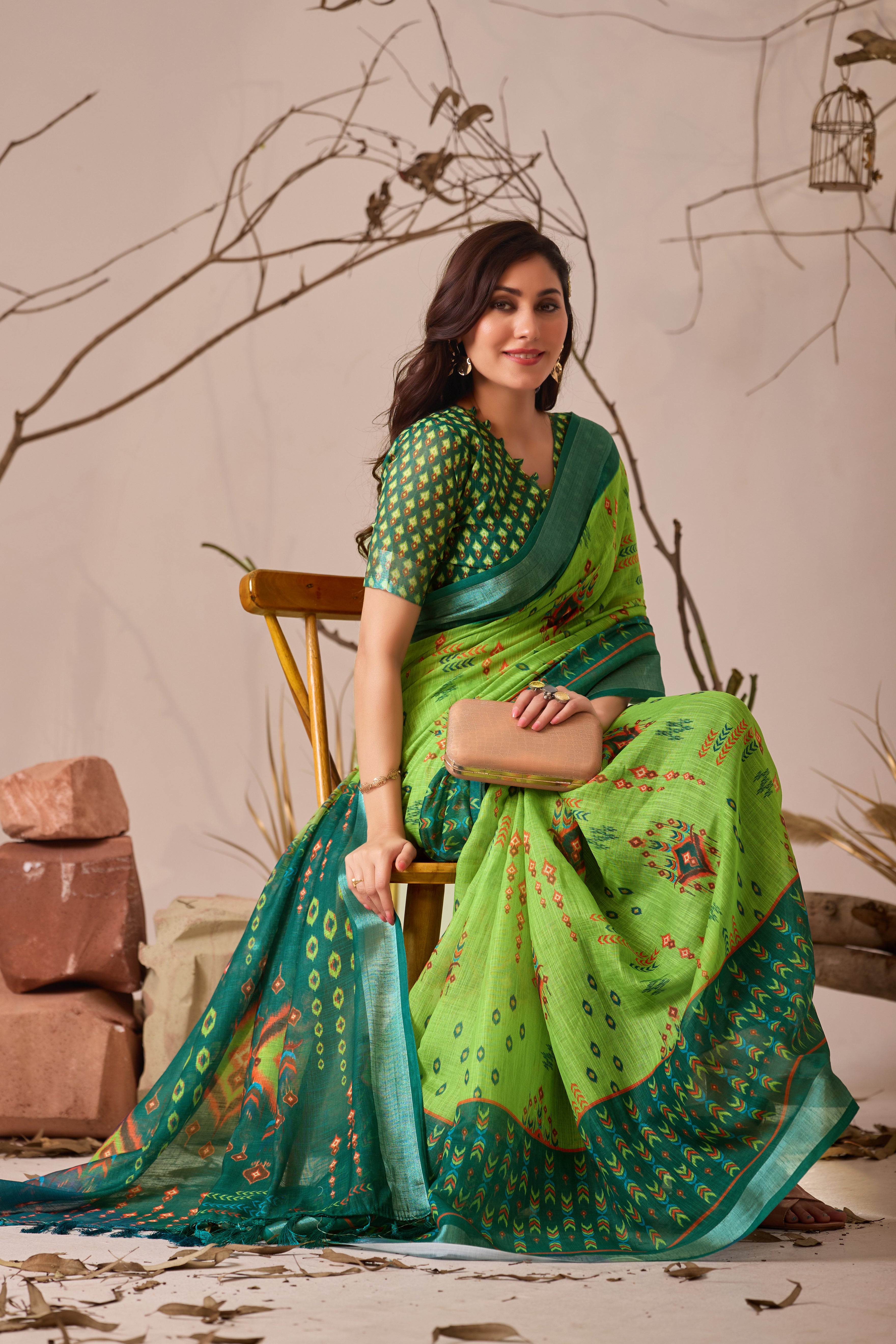 Premium Linen Cotton Saree with Elegant Digital Patola
