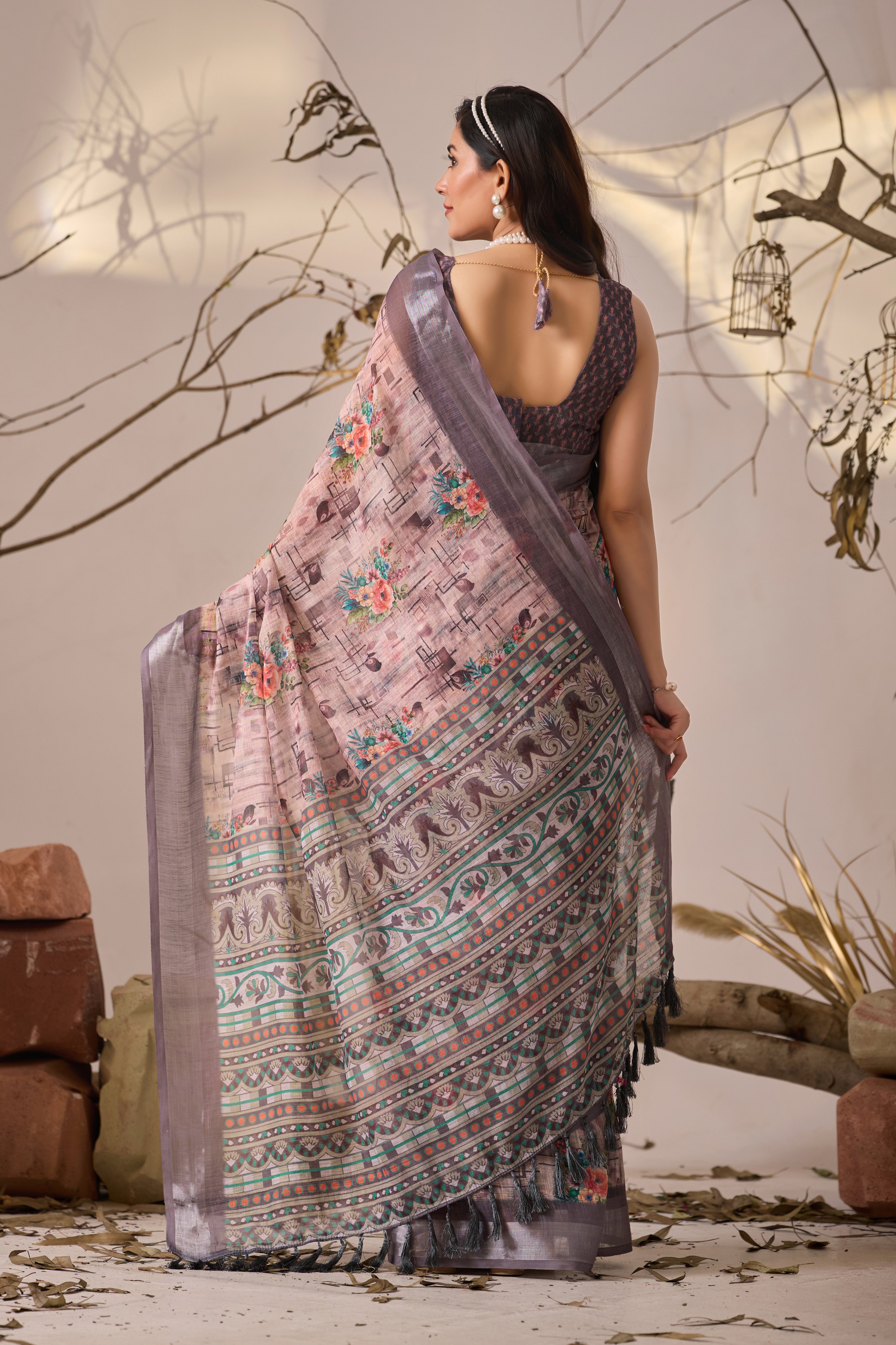 Premium Linen Cotton Saree with Elegant Digital Floral