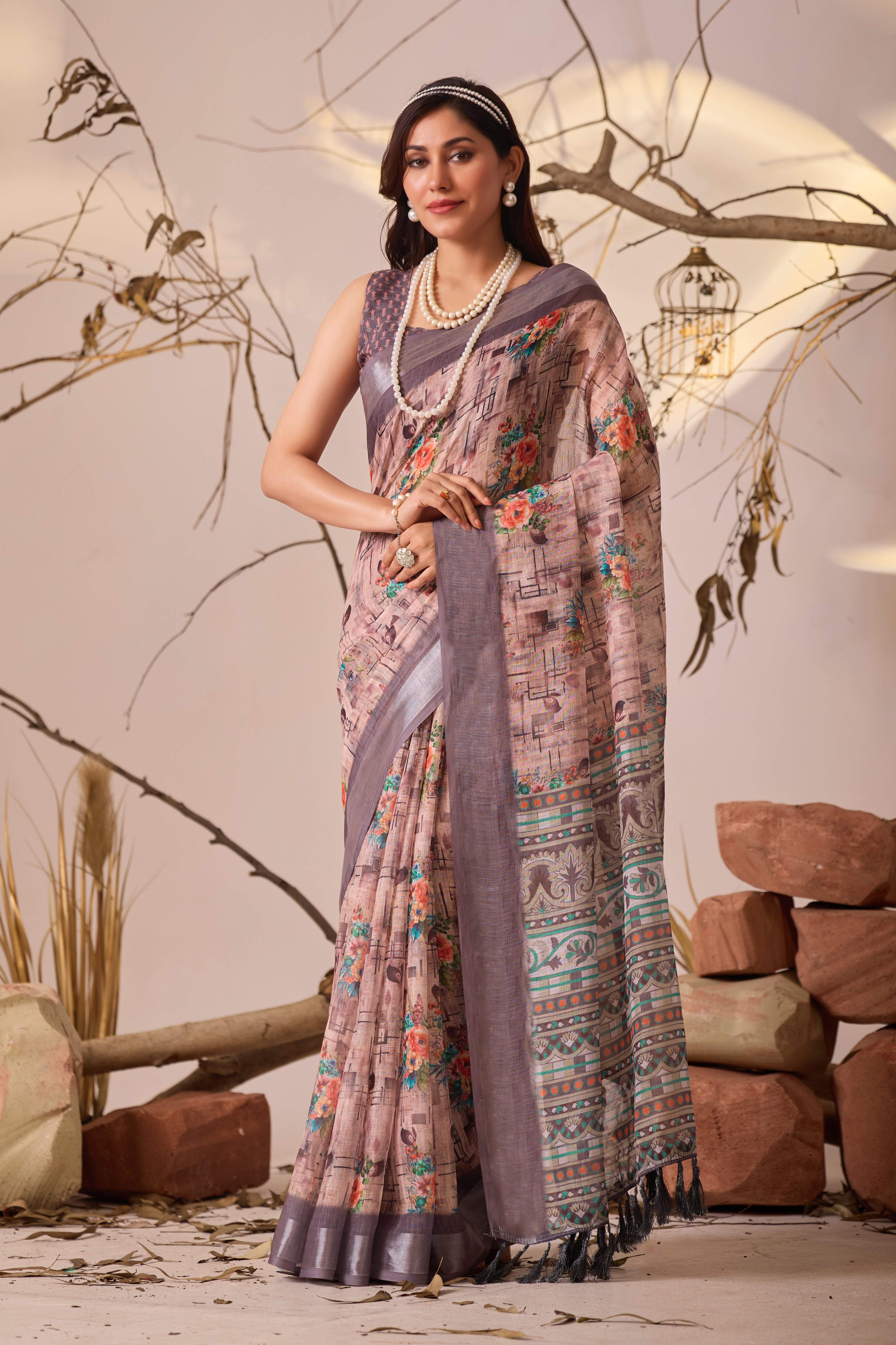 Premium Linen Cotton Saree with Elegant Digital Floral