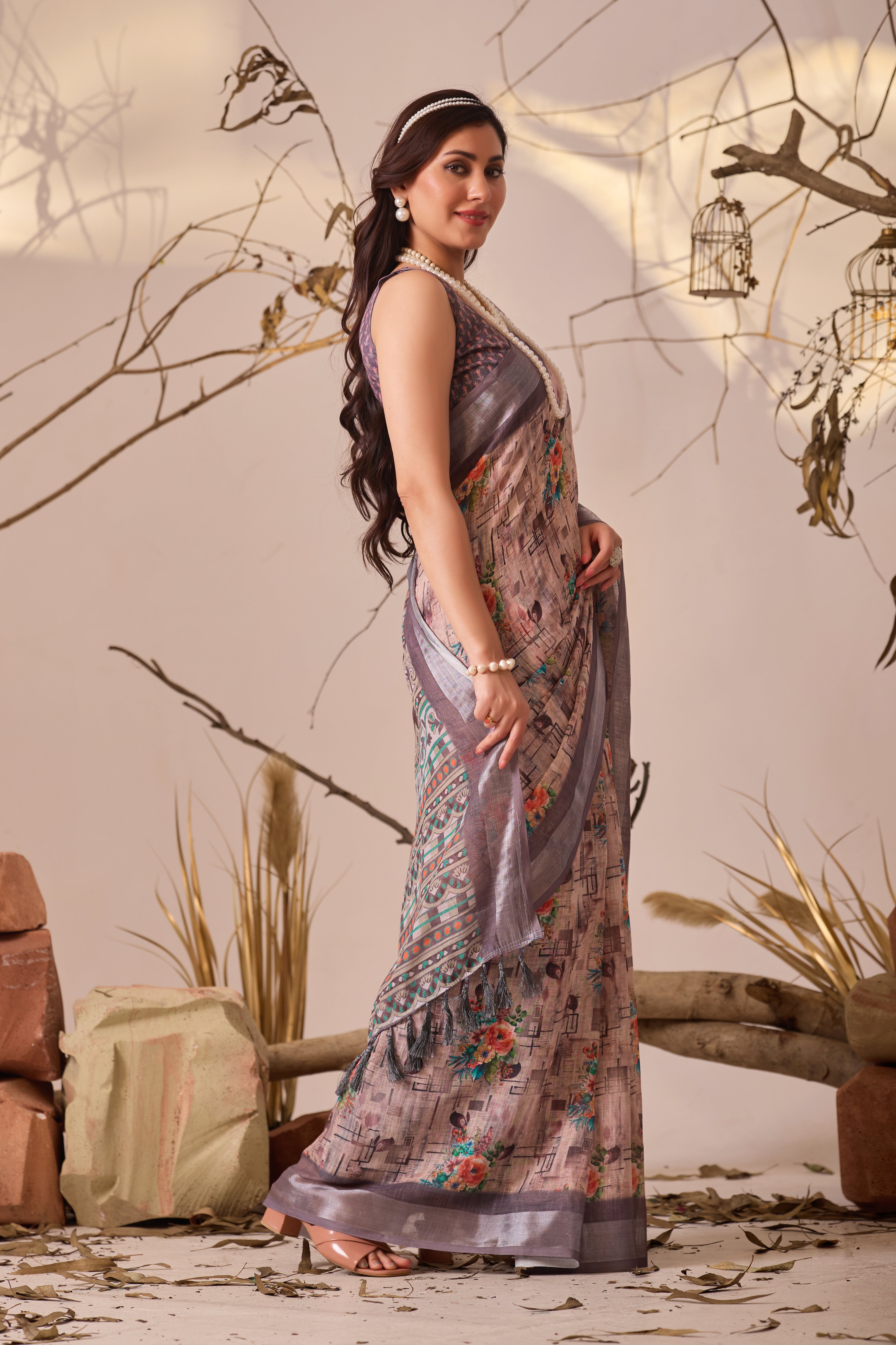 Premium Linen Cotton Saree with Elegant Digital Floral