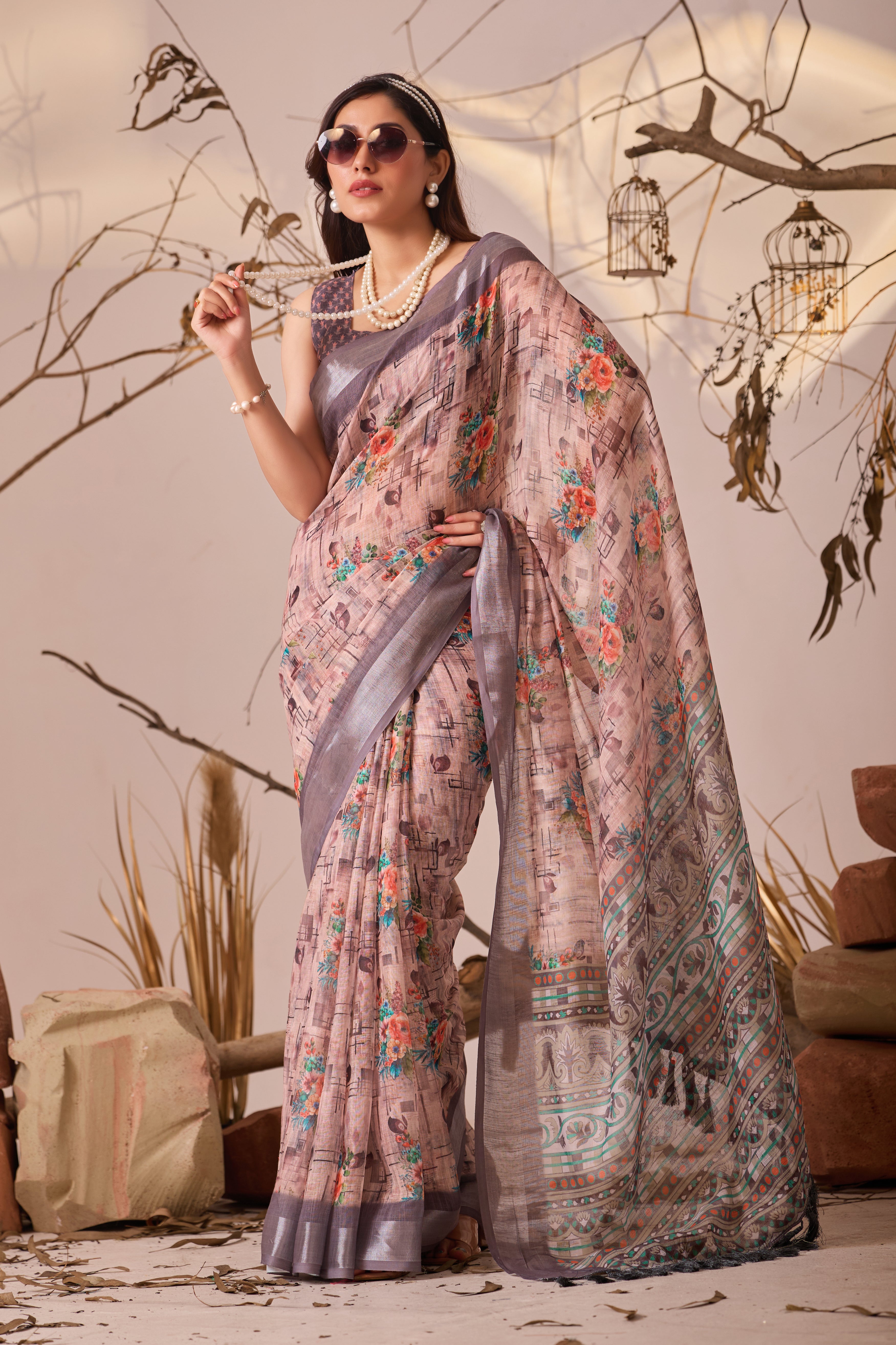 Premium Linen Cotton Saree with Elegant Digital Floral