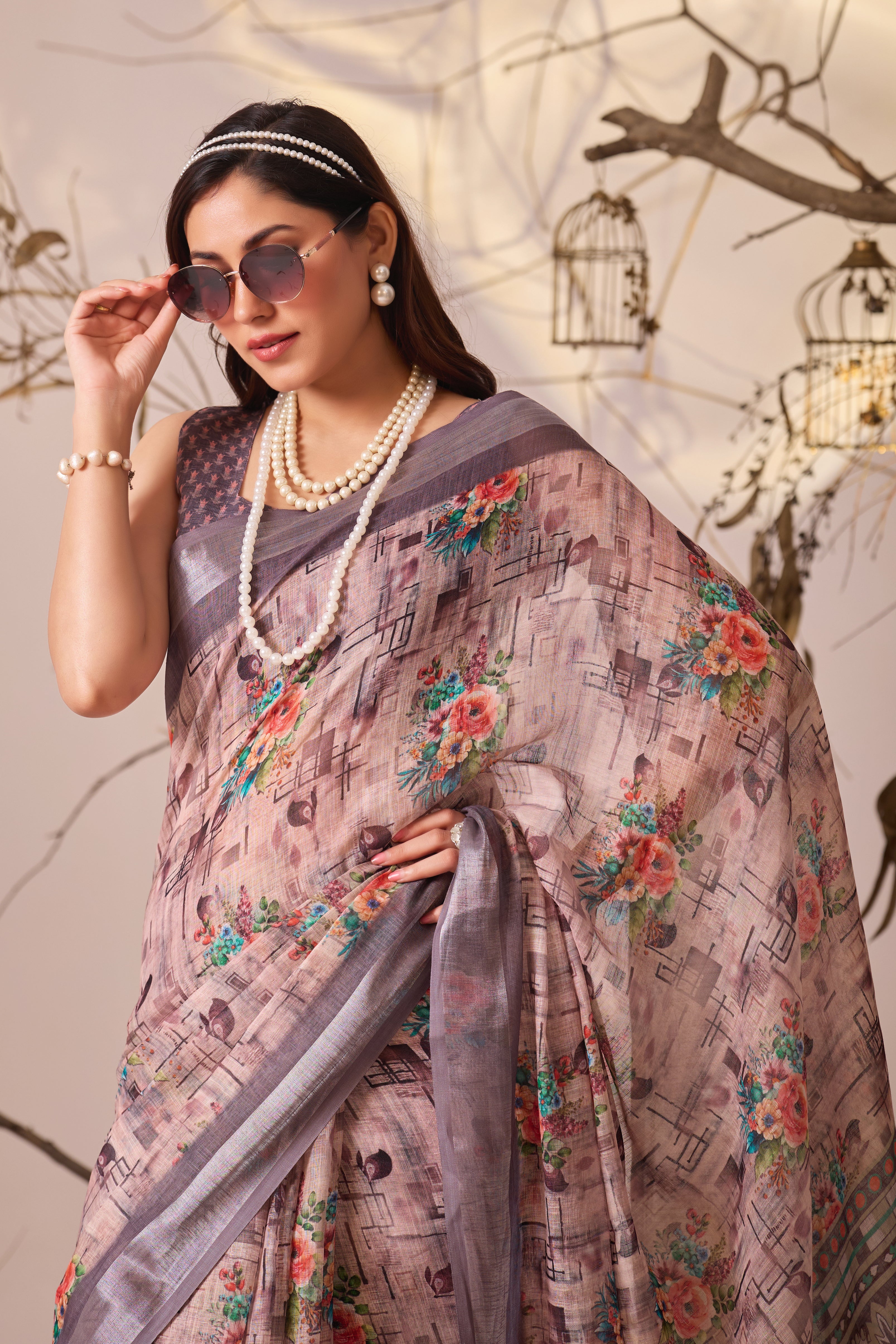 Premium Linen Cotton Saree with Elegant Digital Floral