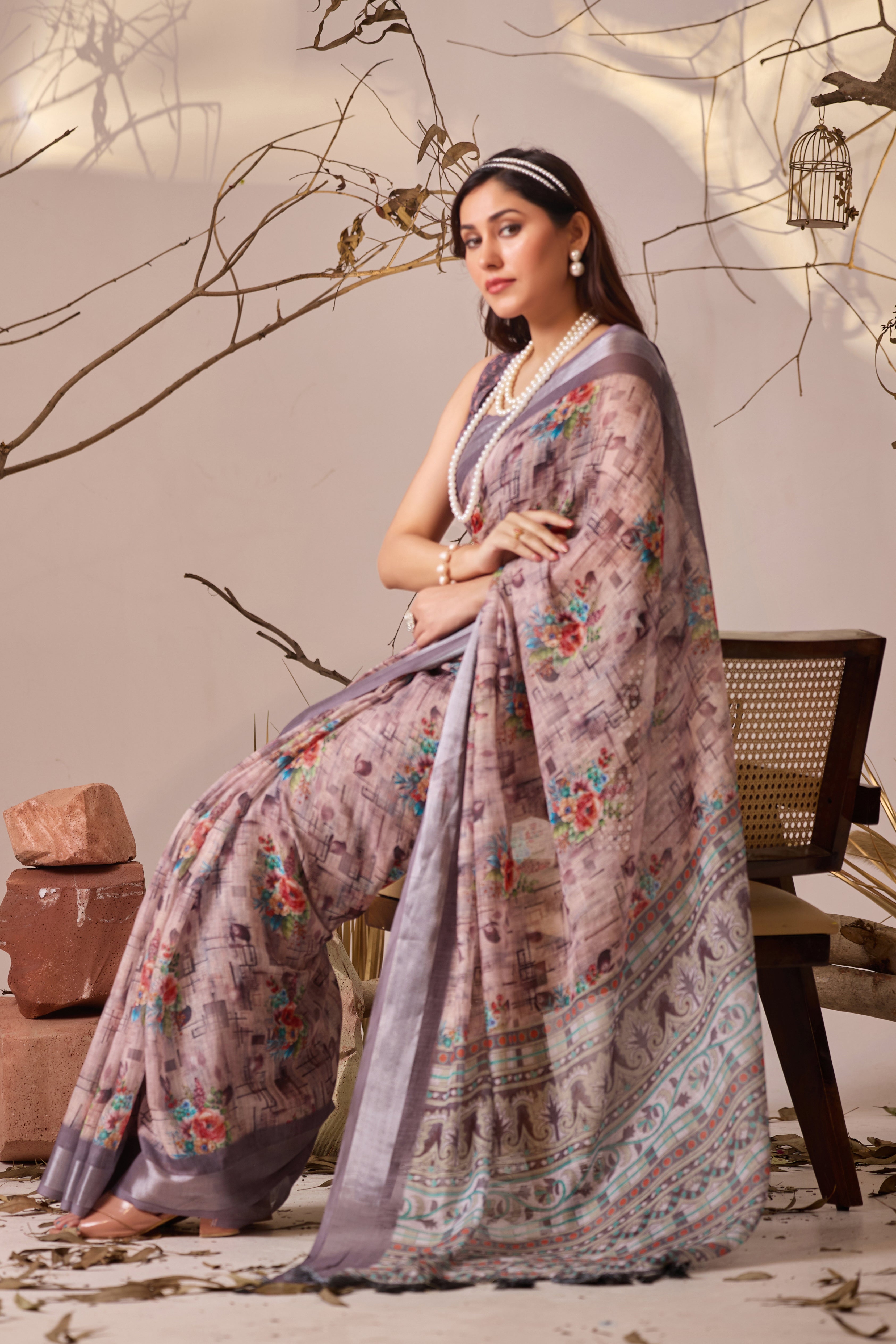 Premium Linen Cotton Saree with Elegant Digital Floral
