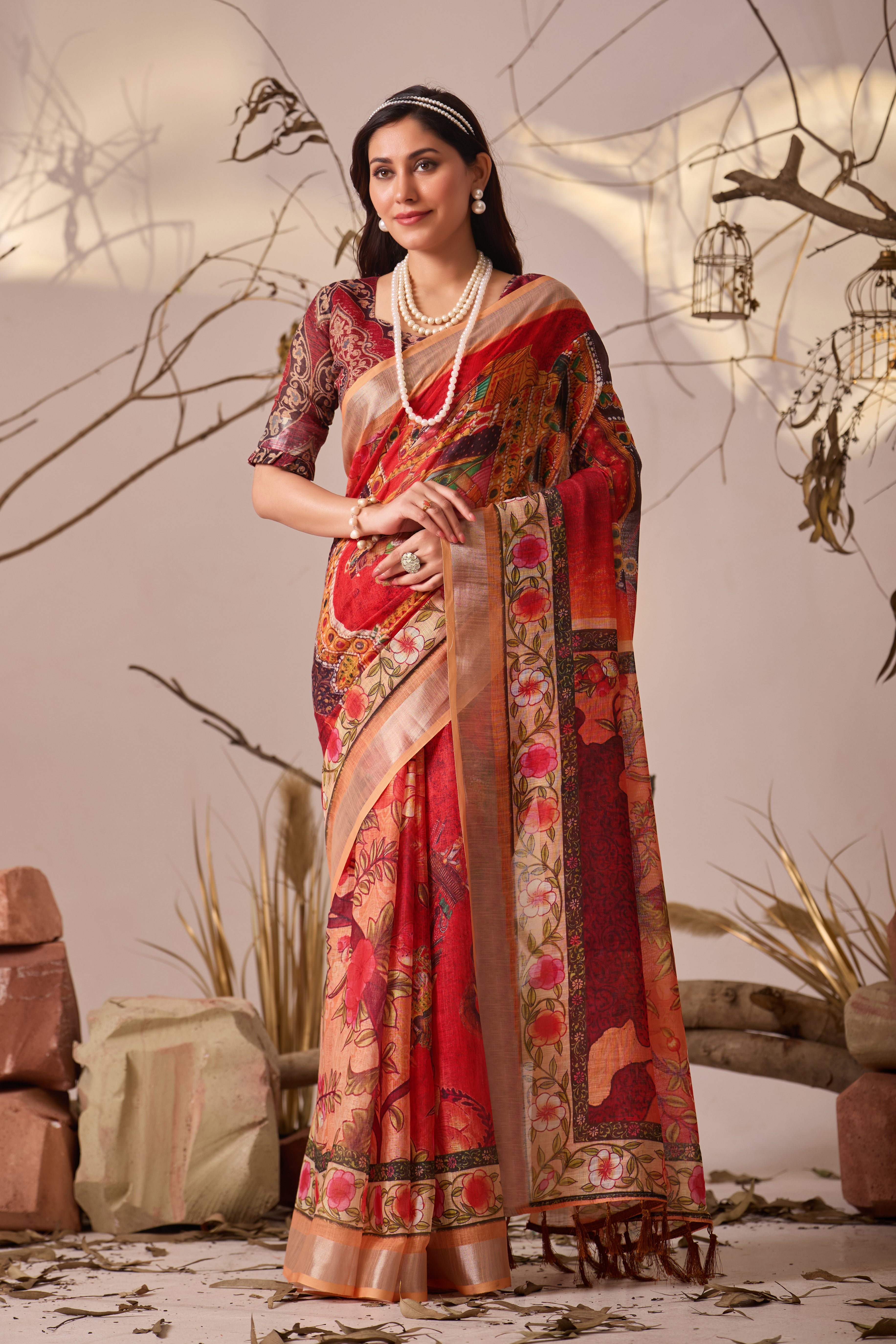 Premium Linen Cotton Saree with Elegant Digital Floral