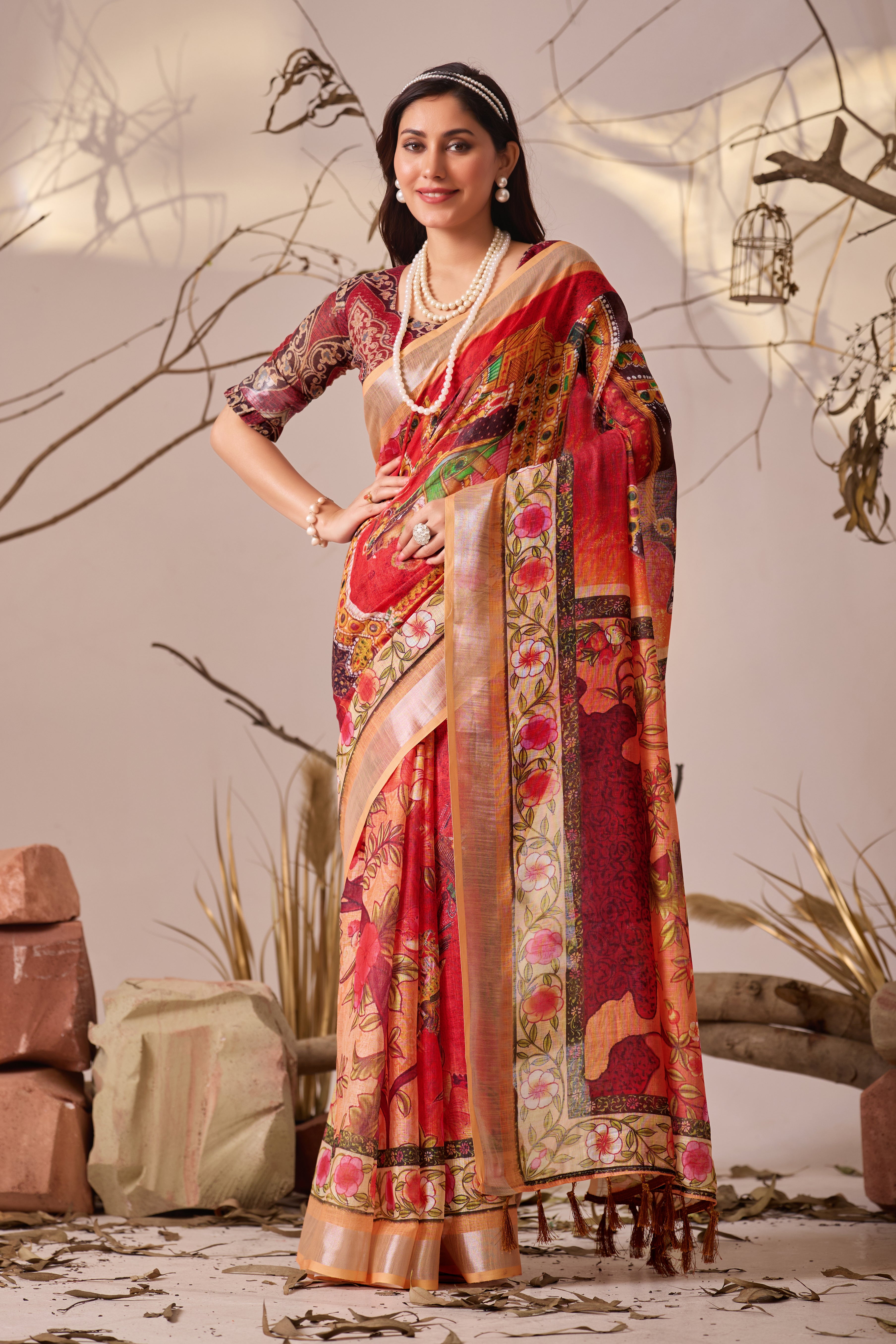 Premium Linen Cotton Saree with Elegant Digital Floral