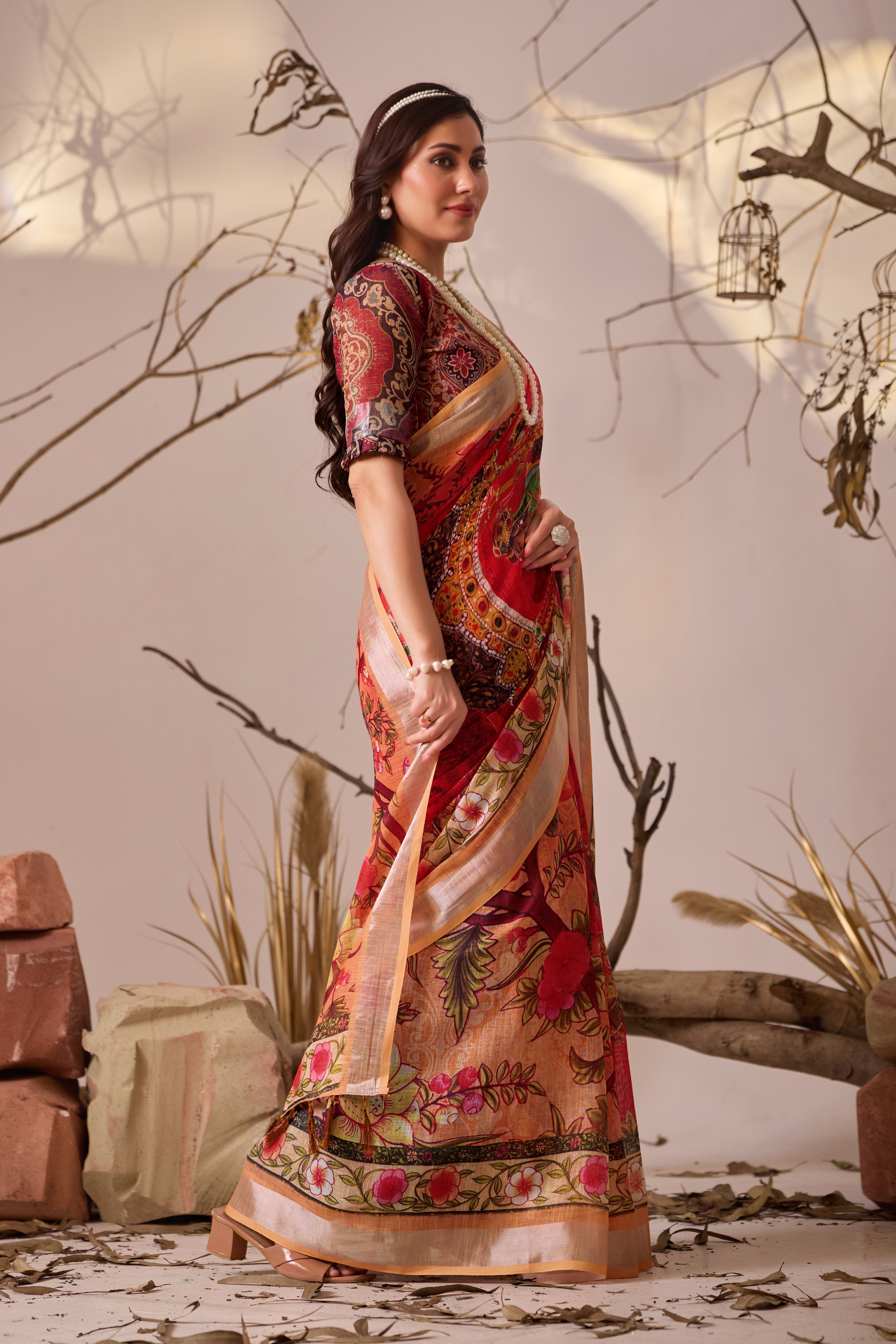 Premium Linen Cotton Saree with Elegant Digital Floral
