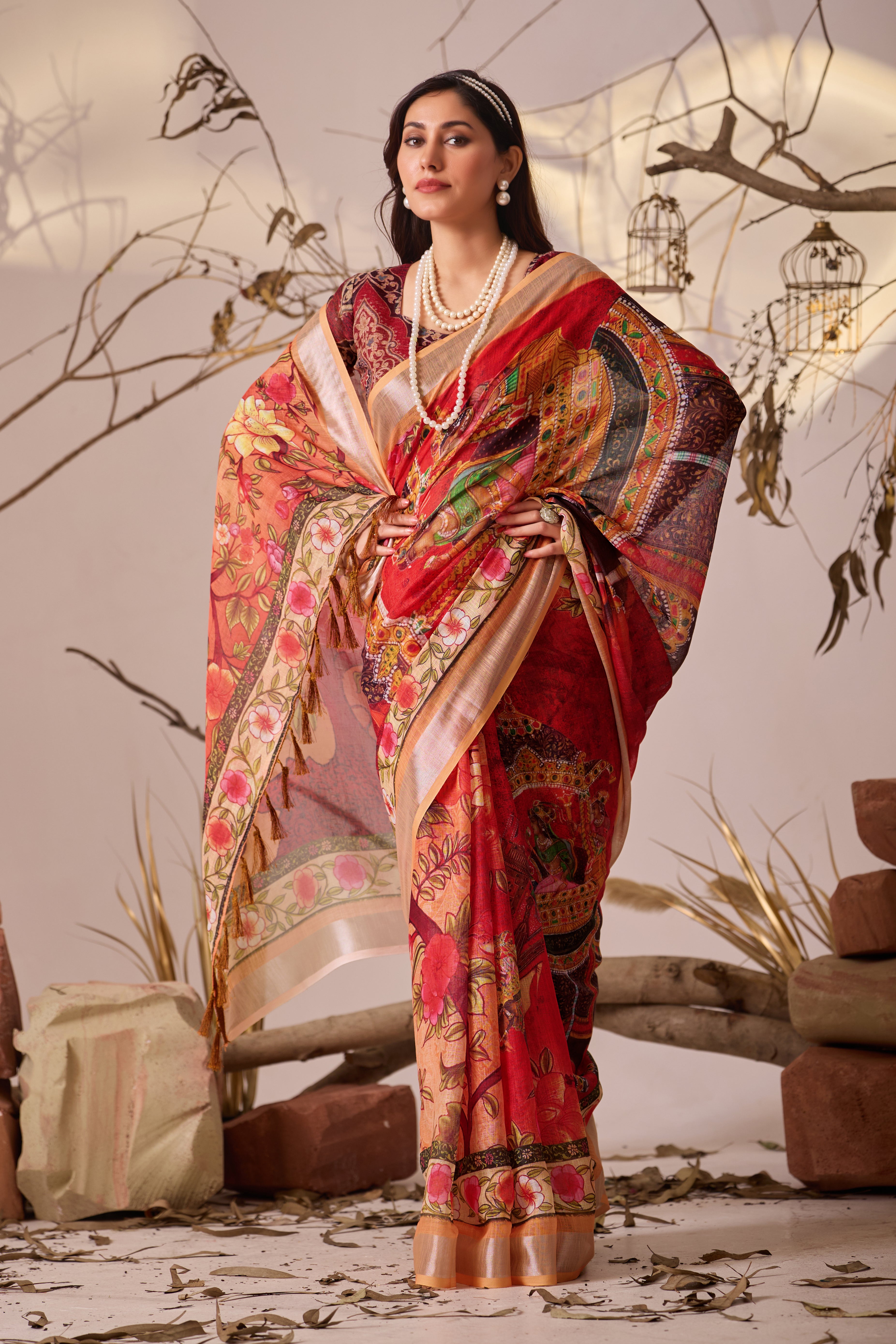 Premium Linen Cotton Saree with Elegant Digital Floral
