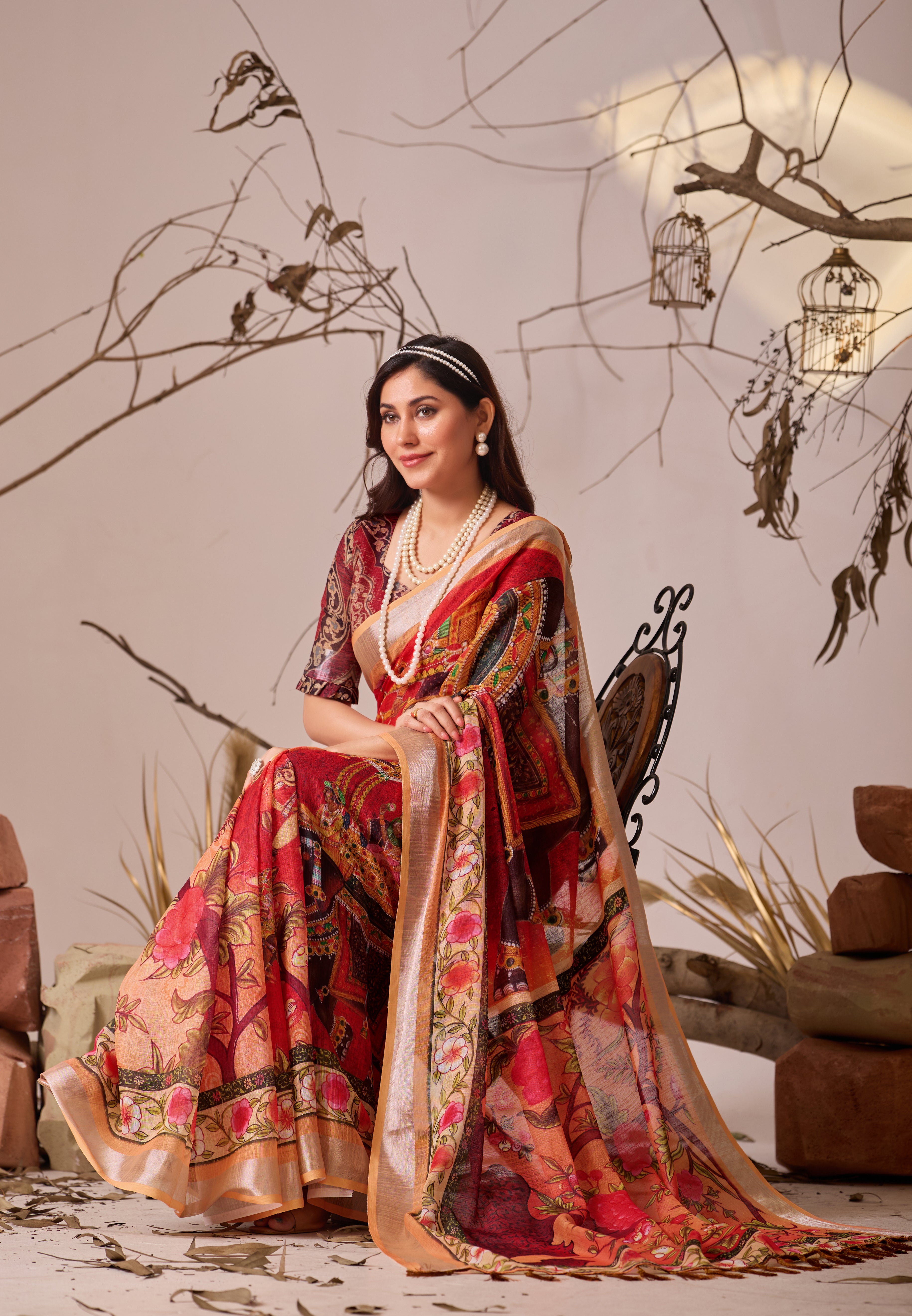 Premium Linen Cotton Saree with Elegant Digital Floral