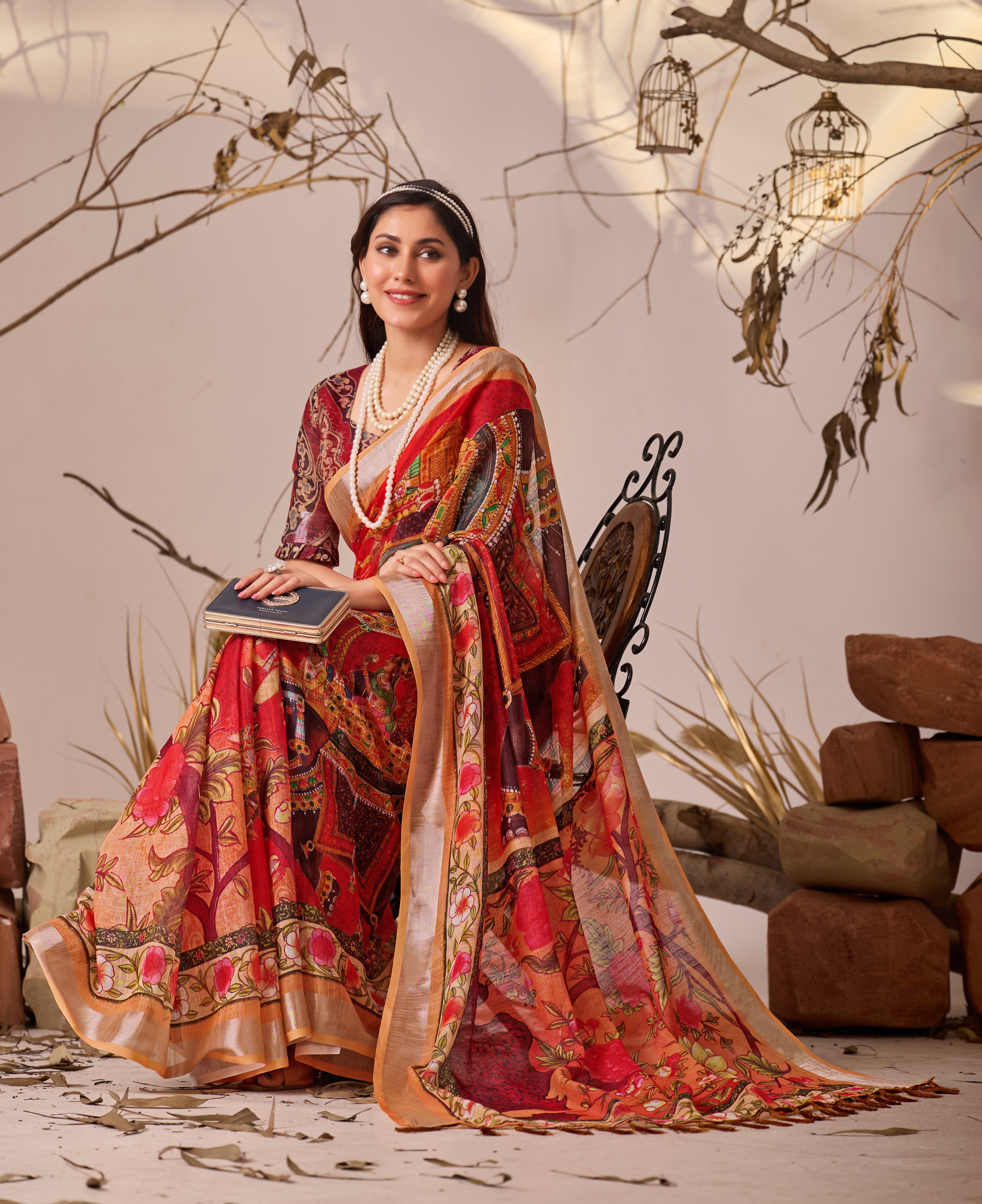 Premium Linen Cotton Saree with Elegant Digital Floral