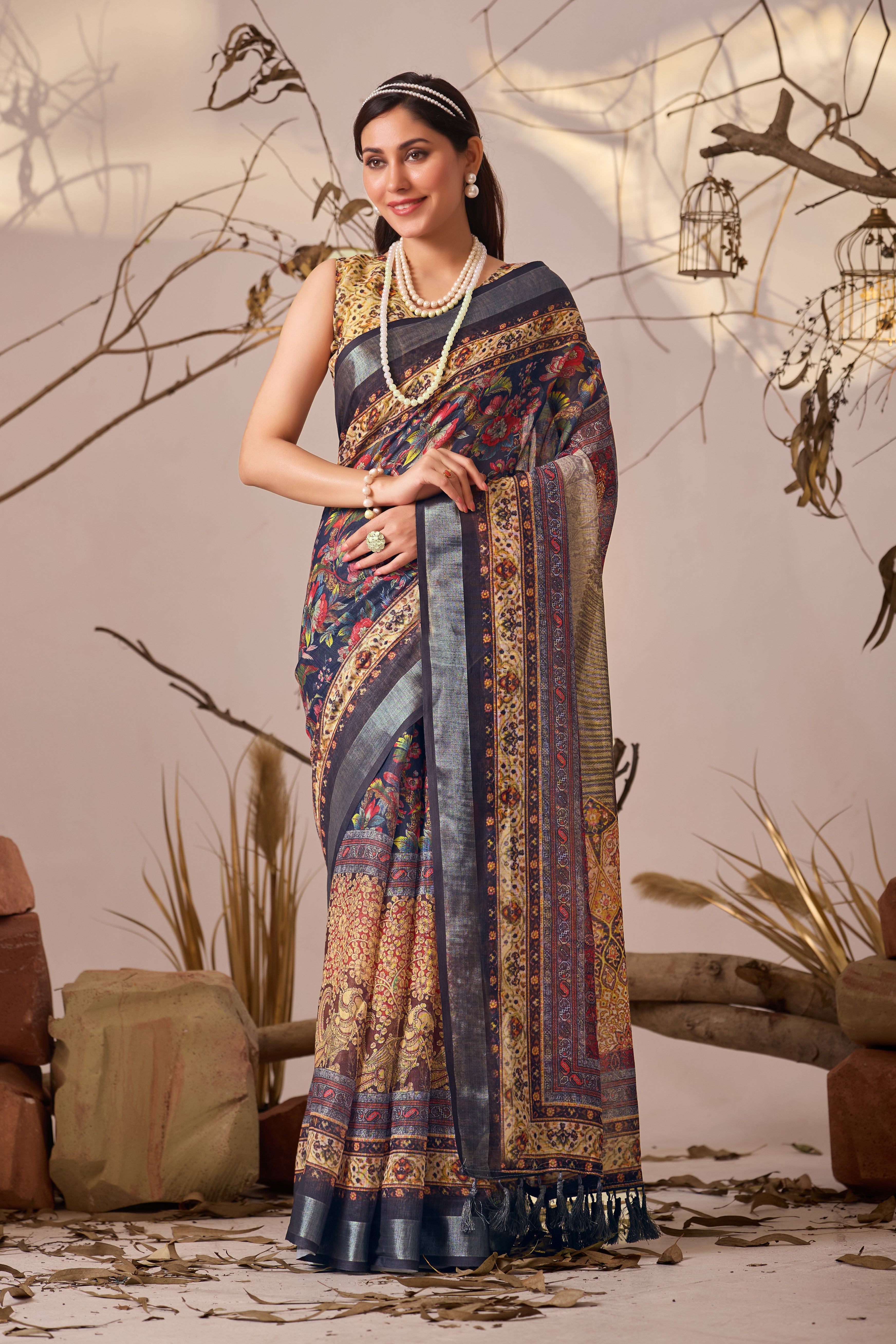 Premium Linen Cotton Saree with Elegant Digital Floral