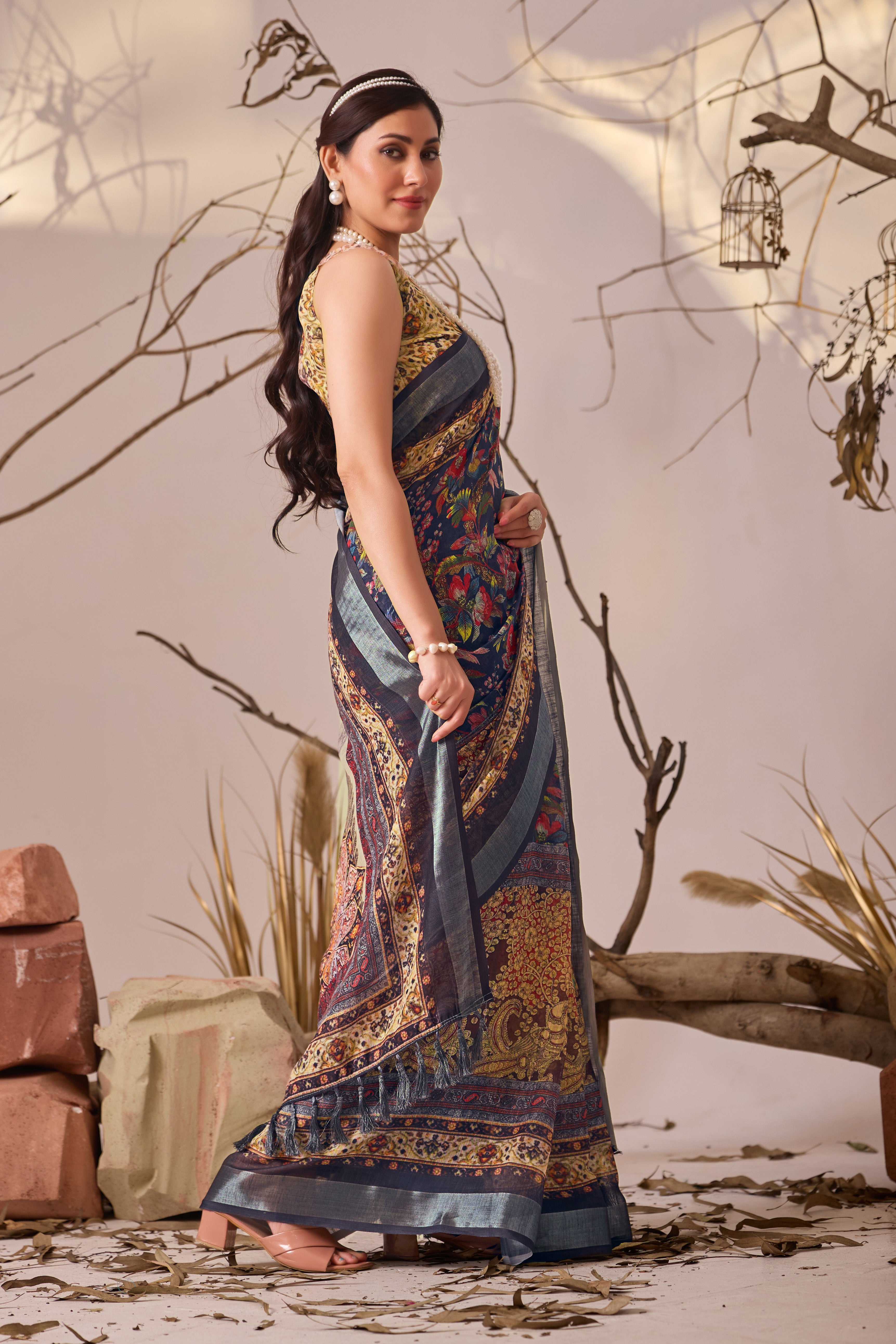 Premium Linen Cotton Saree with Elegant Digital Floral