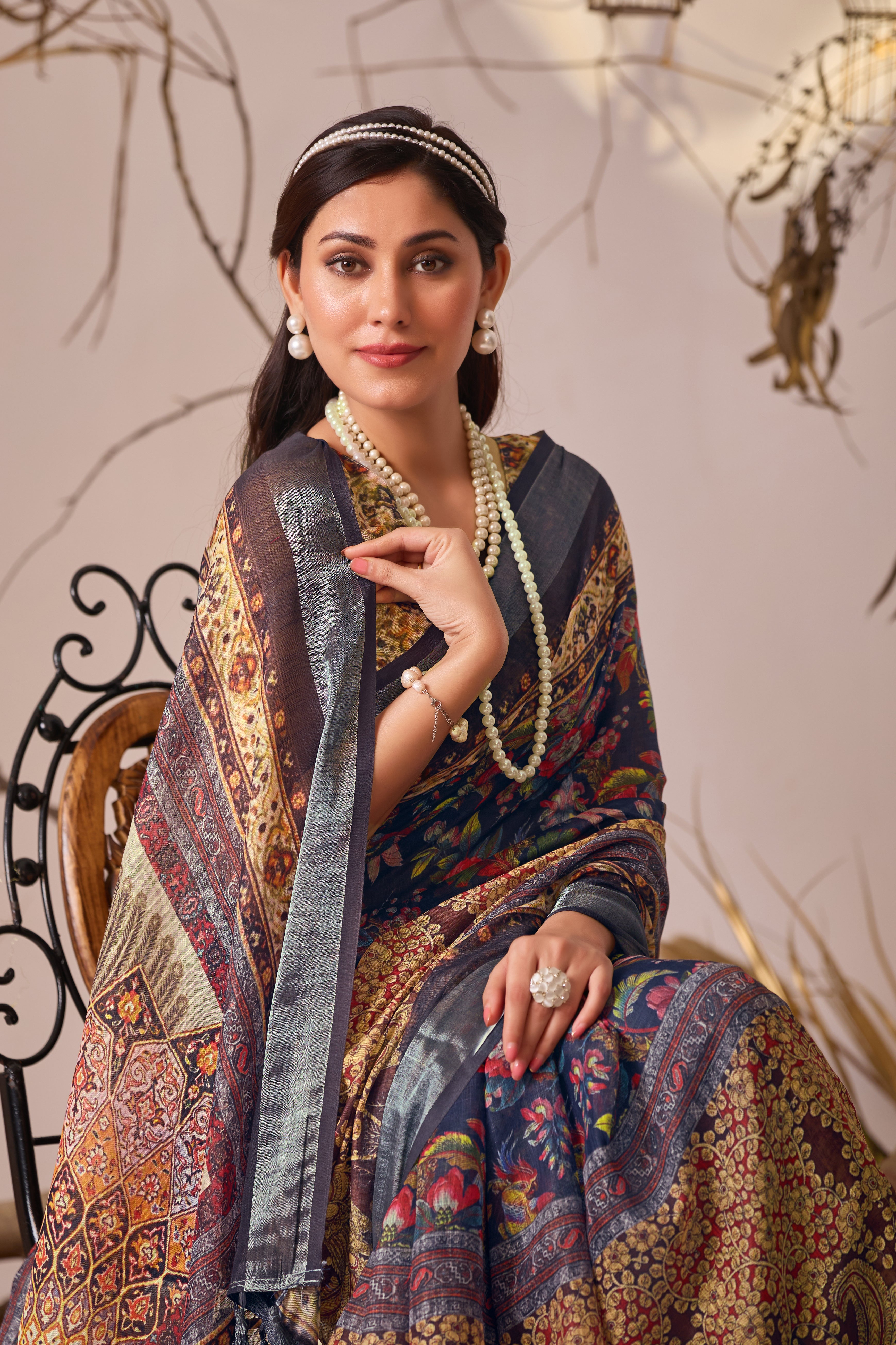 Premium Linen Cotton Saree with Elegant Digital Floral
