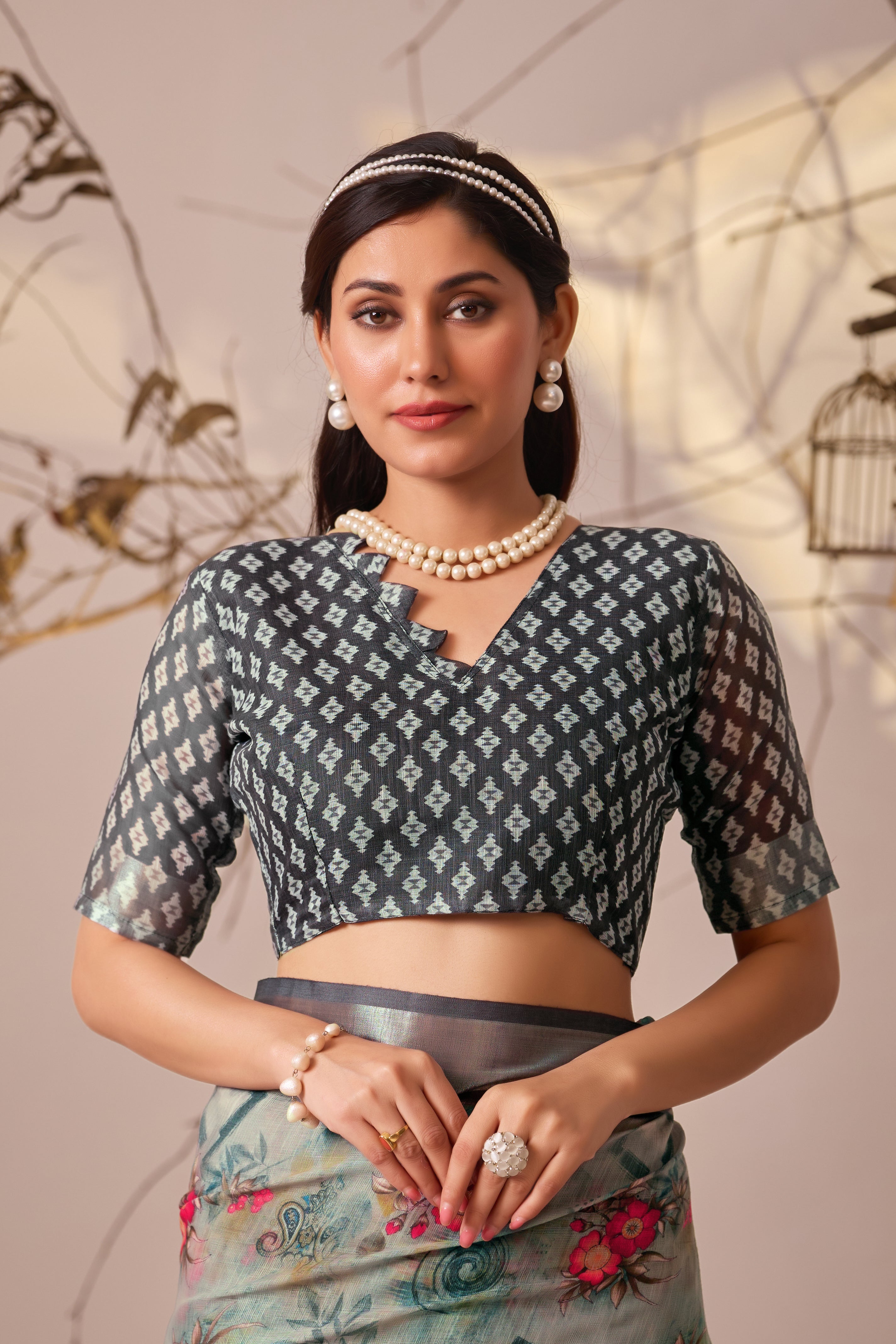 Premium Linen Cotton Saree with Elegant Digital Floral & Royal Ethnic Print