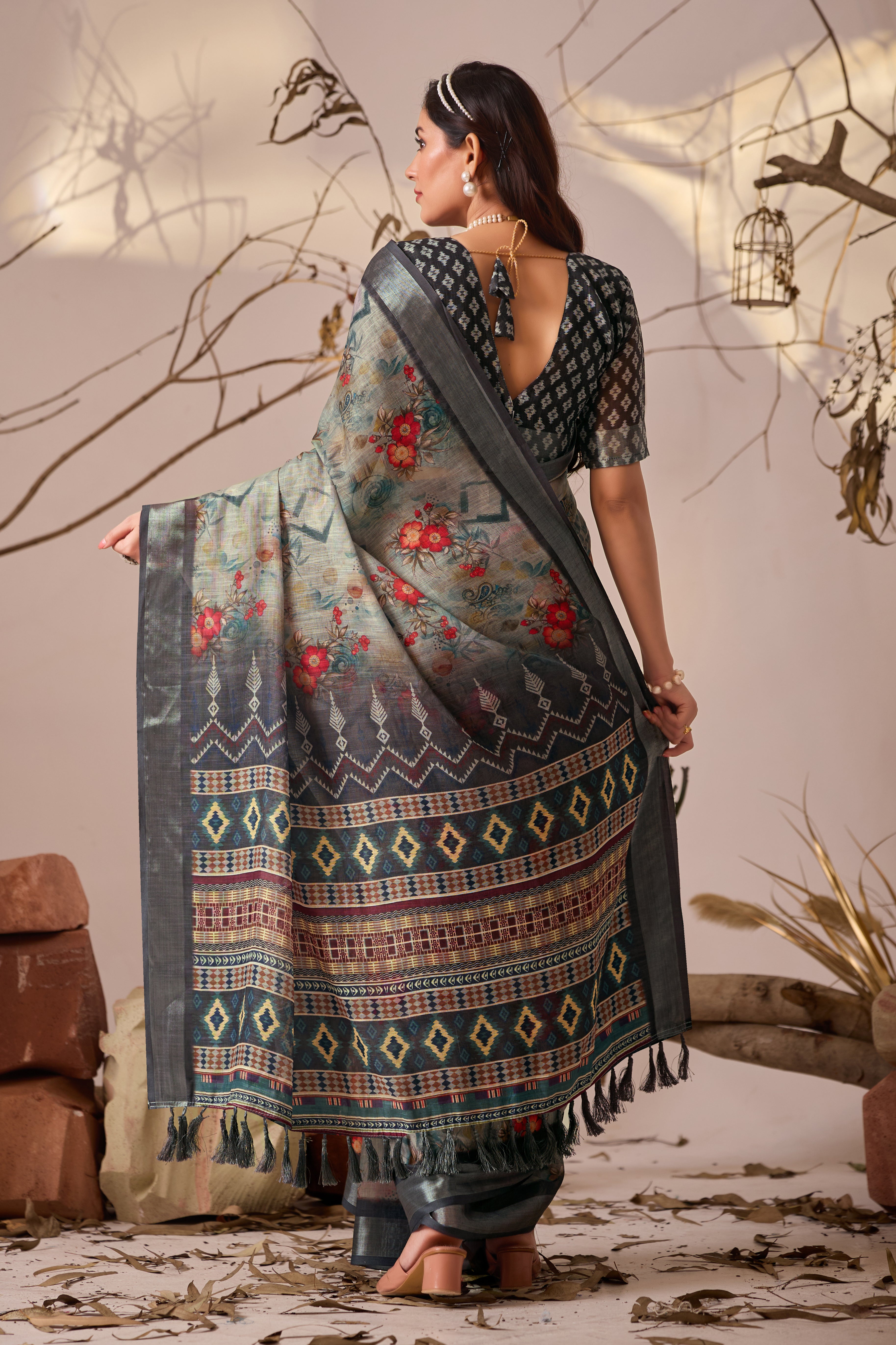 Premium Linen Cotton Saree with Elegant Digital Floral & Royal Ethnic Print