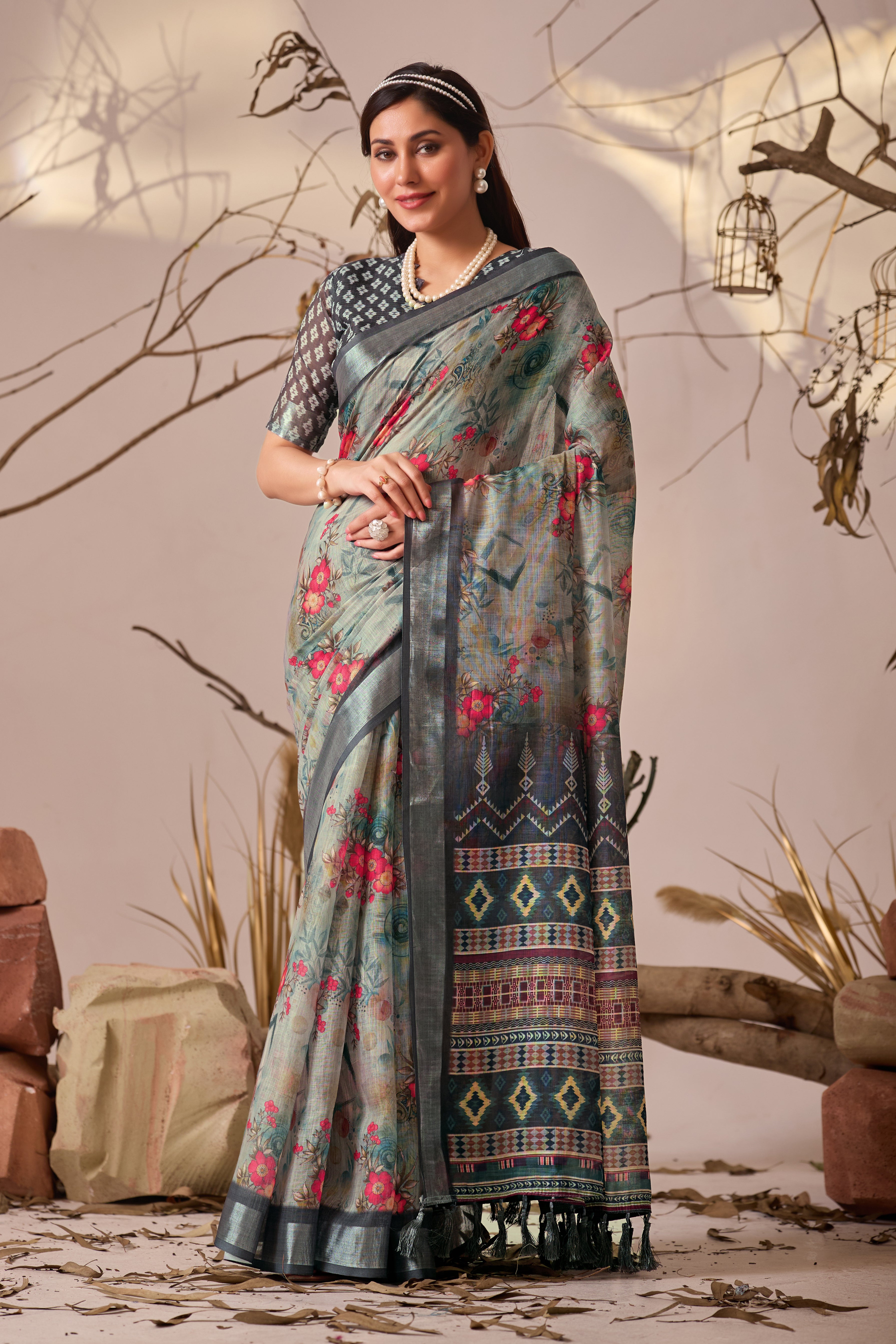 Premium Linen Cotton Saree with Elegant Digital Floral & Royal Ethnic Print