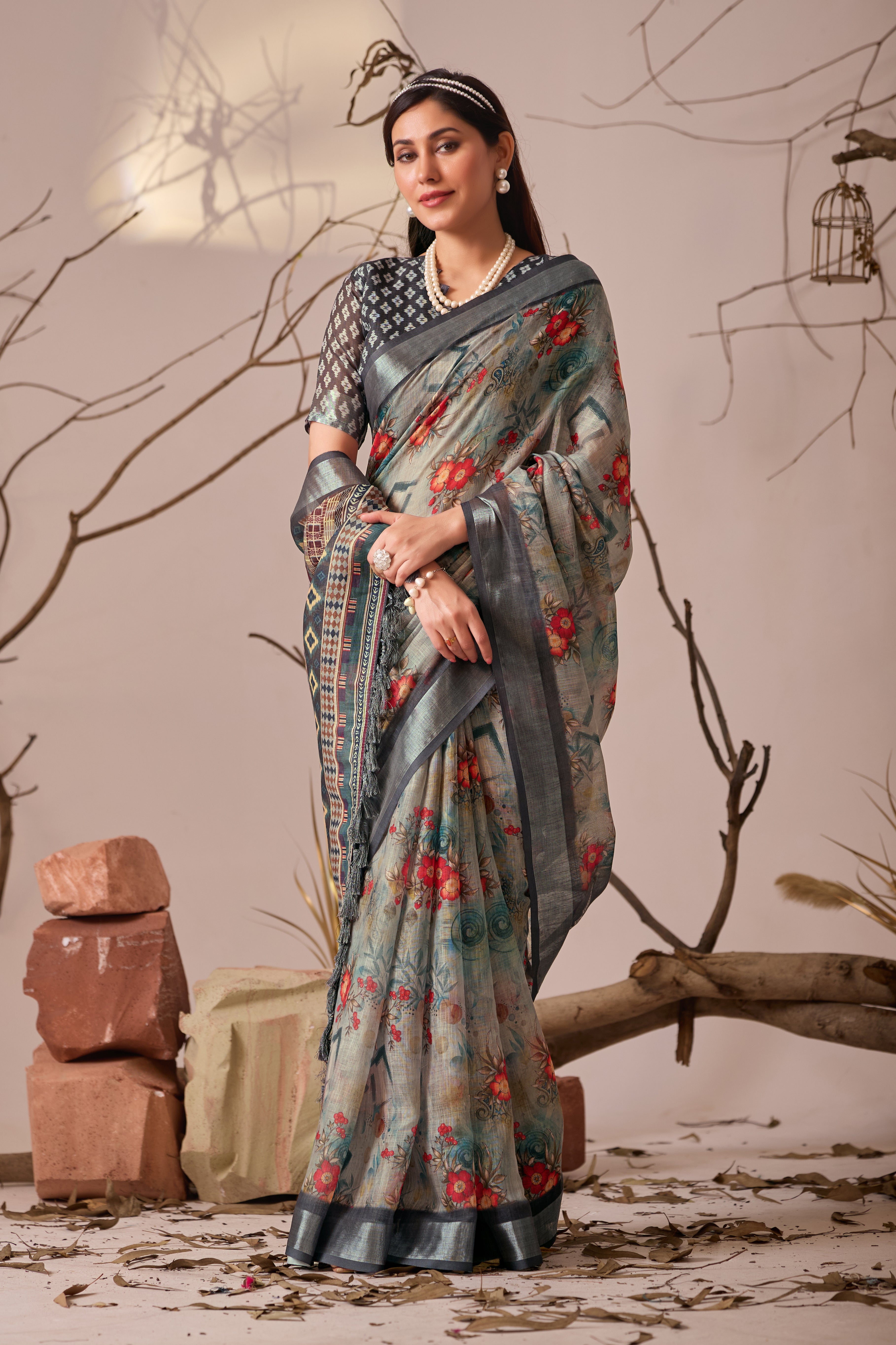 Premium Linen Cotton Saree with Elegant Digital Floral & Royal Ethnic Print