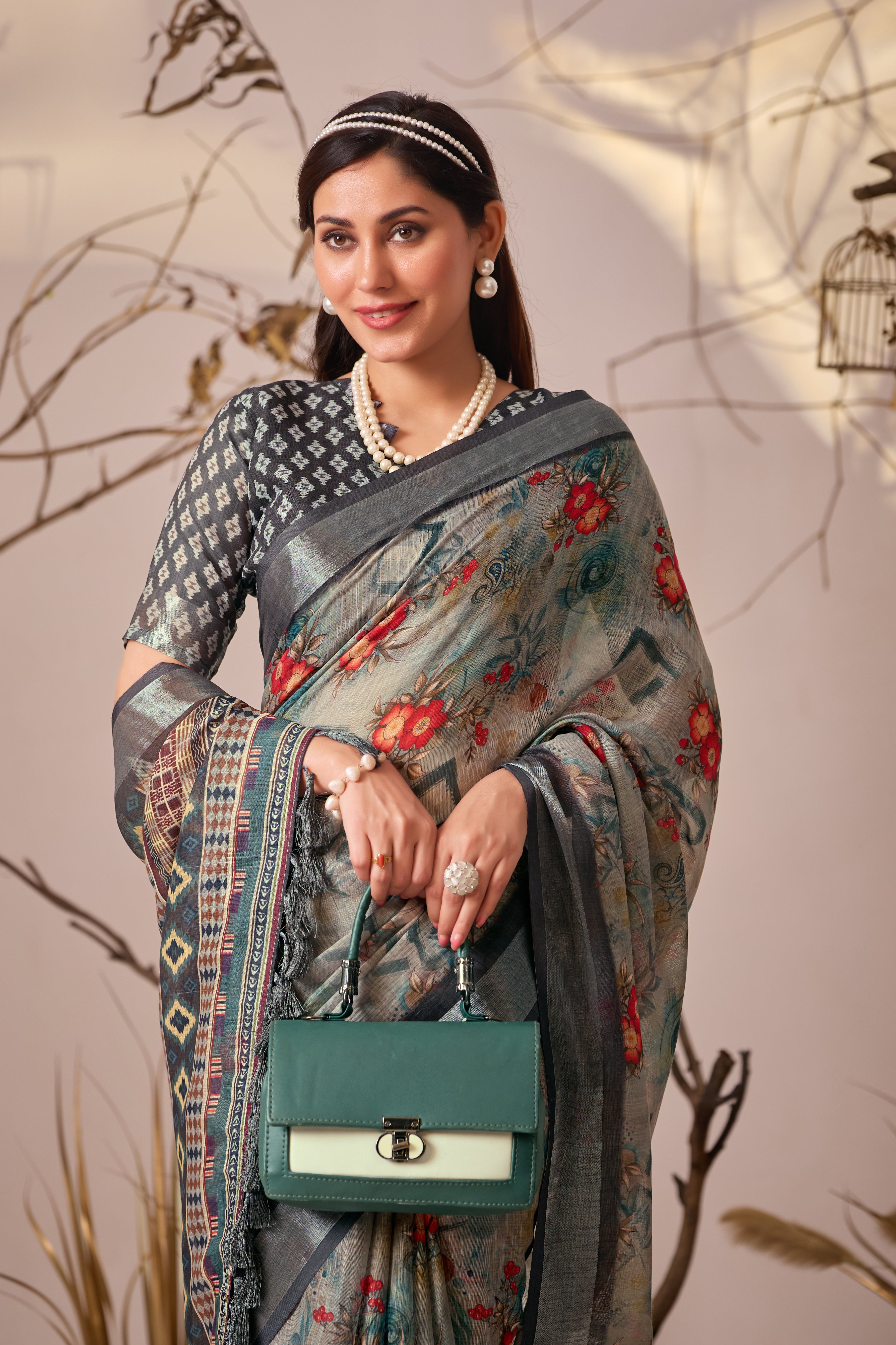 Premium Linen Cotton Saree with Elegant Digital Floral & Royal Ethnic Print