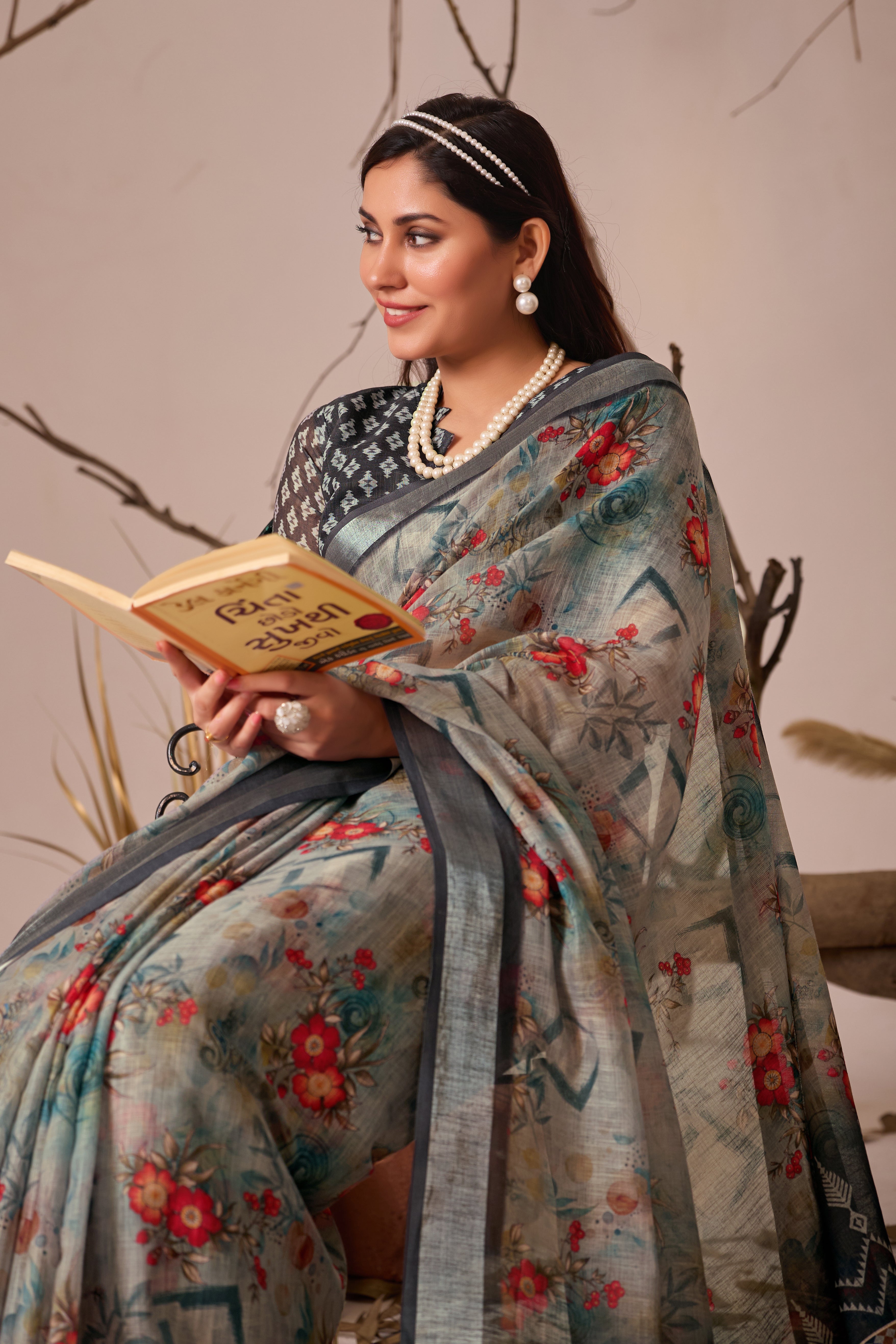 Premium Linen Cotton Saree with Elegant Digital Floral & Royal Ethnic Print