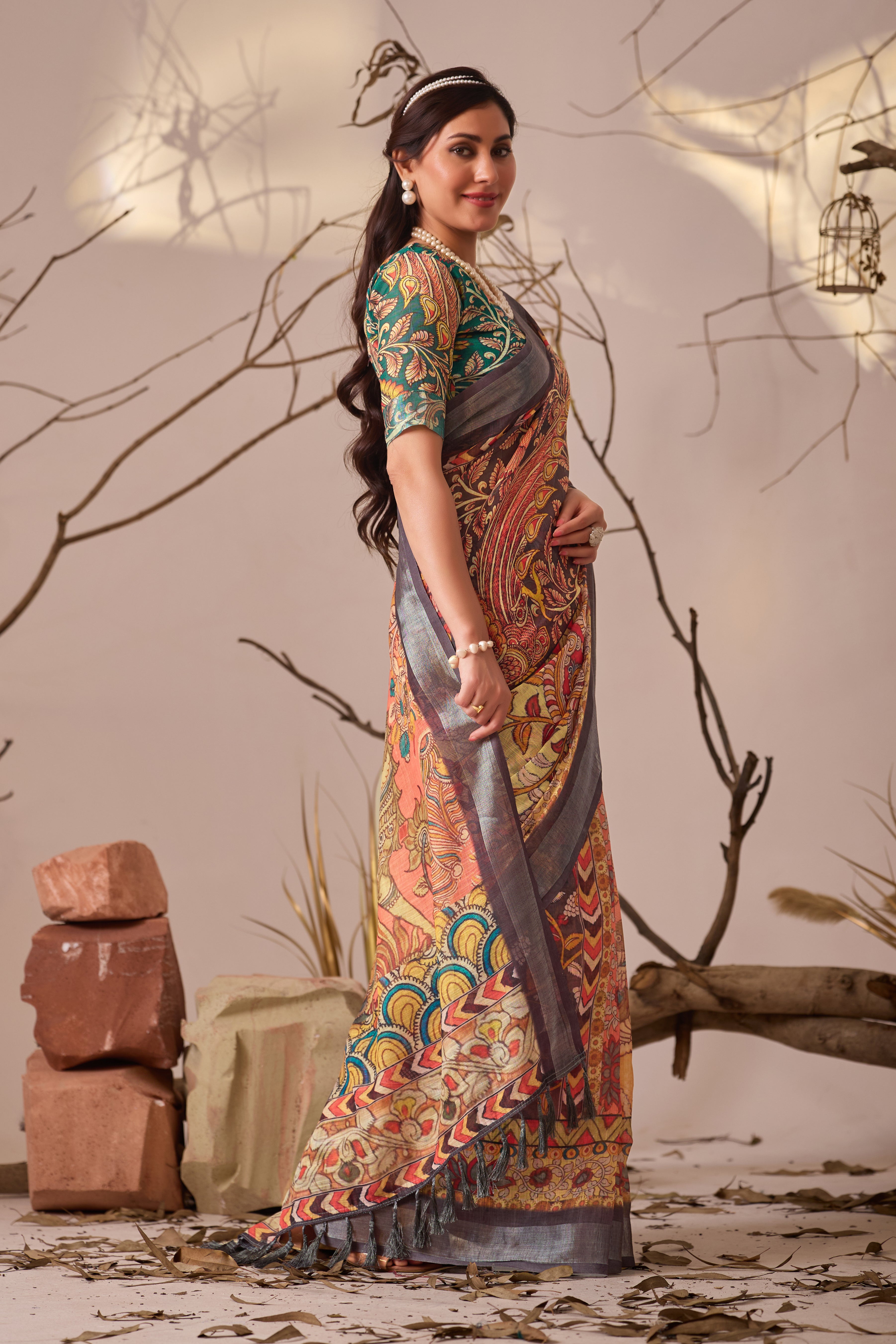 Premium Linen Cotton Saree with Elegant Digital Floral & Royal Ethnic Print & Classic Contrast Patola Style Borde