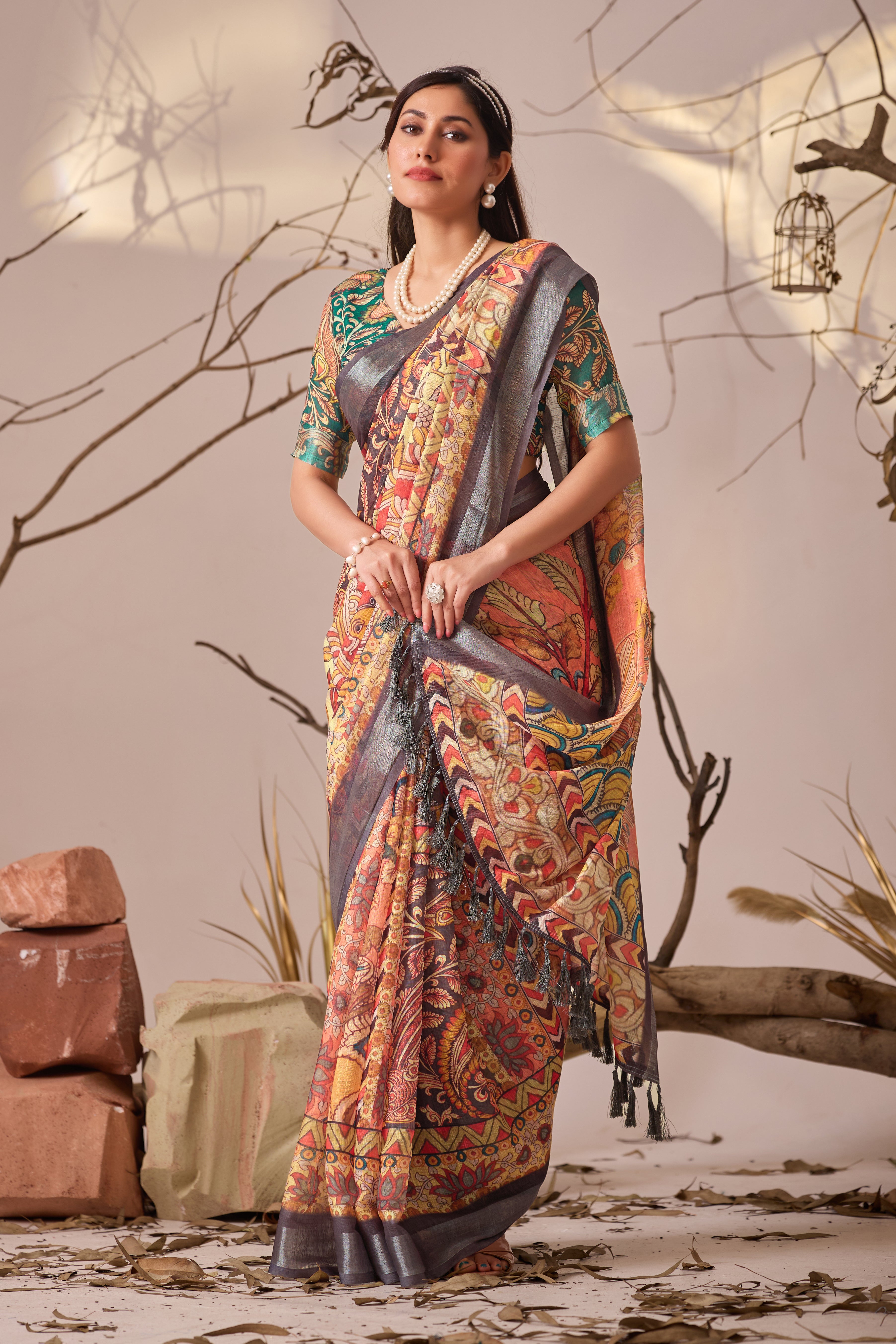 Premium Linen Cotton Saree with Elegant Digital Floral & Royal Ethnic Print & Classic Contrast Patola Style Borde