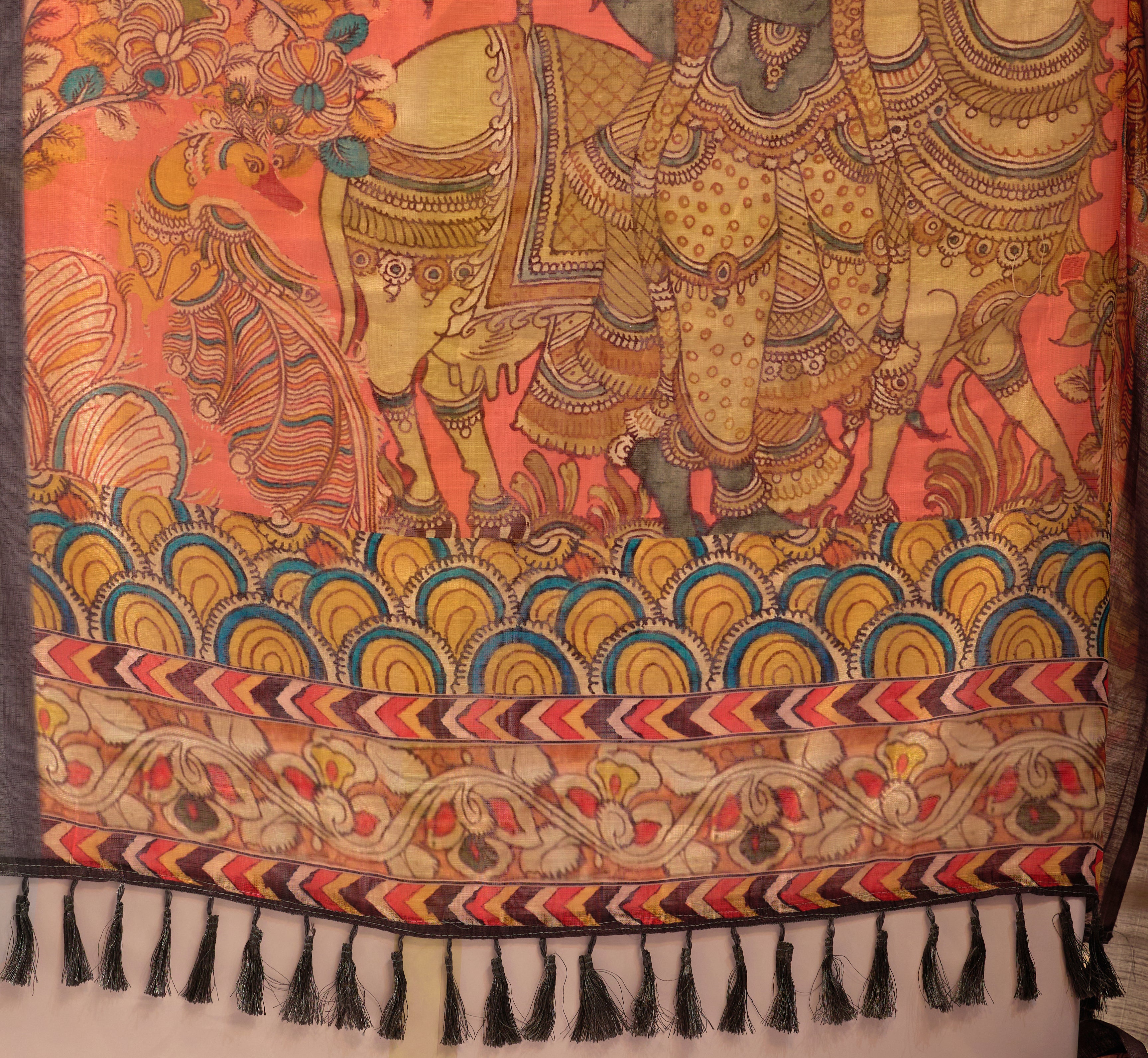 Premium Linen Cotton Saree with Elegant Digital Floral & Royal Ethnic Print & Classic Contrast Patola Style Borde