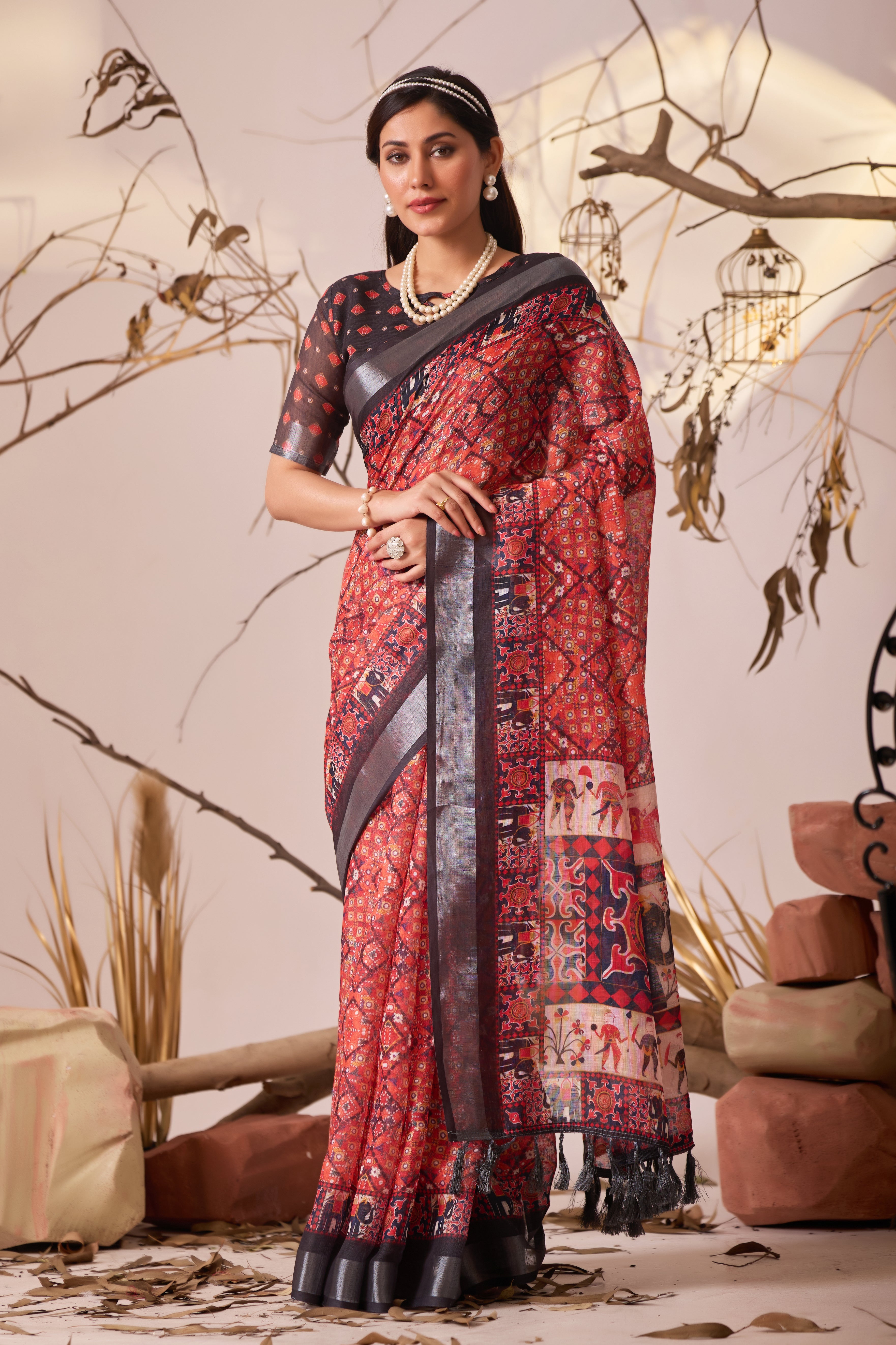 Premium Linen Cotton Saree with Elegant Digital Floral