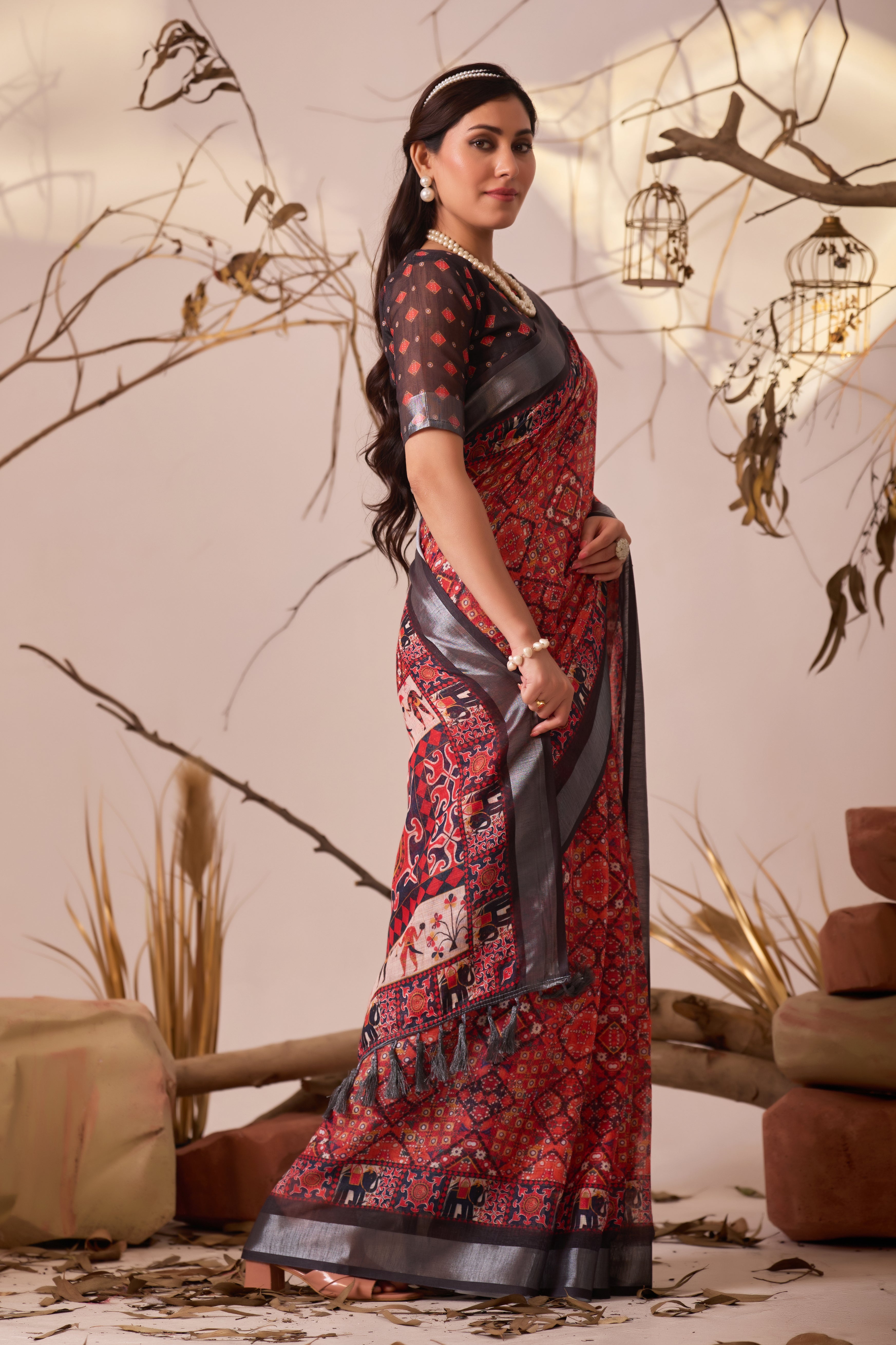 Premium Linen Cotton Saree with Elegant Digital Floral
