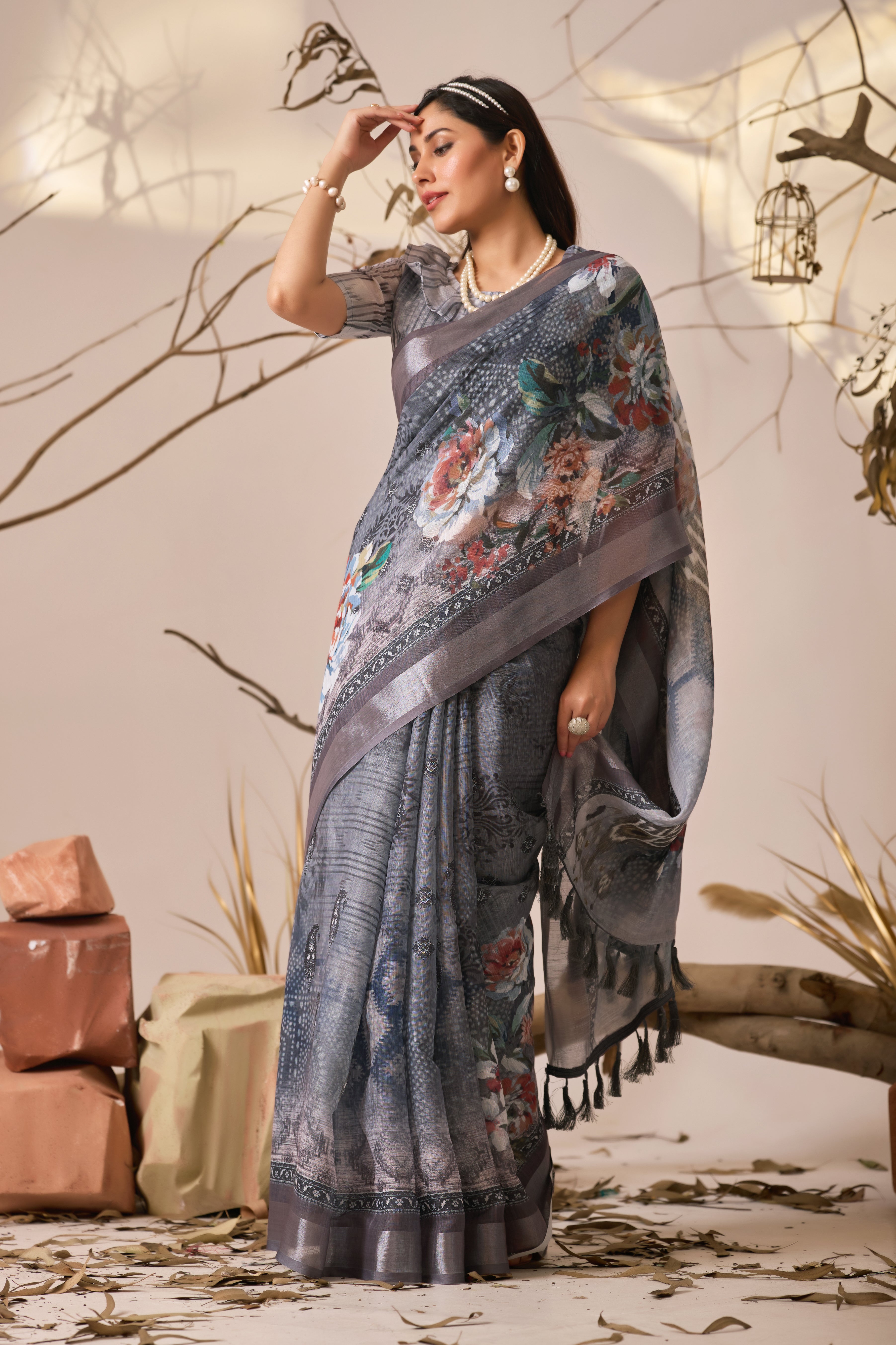 Premium Linen Cotton Saree with Elegant Digital Floral & Royal Ethnic Print & Classic Contrast Patola Style Border