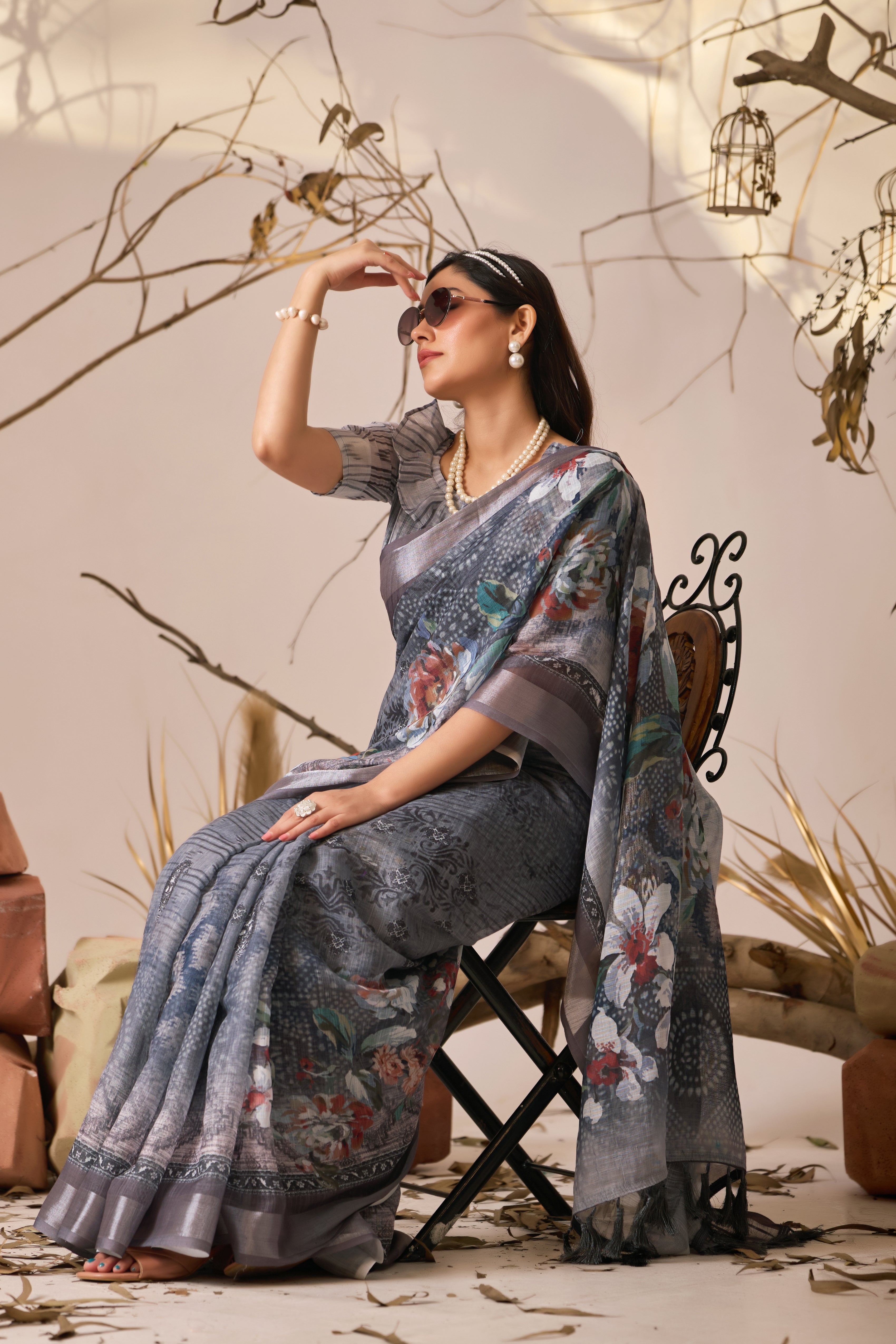 Premium Linen Cotton Saree with Elegant Digital Floral & Royal Ethnic Print & Classic Contrast Patola Style Border