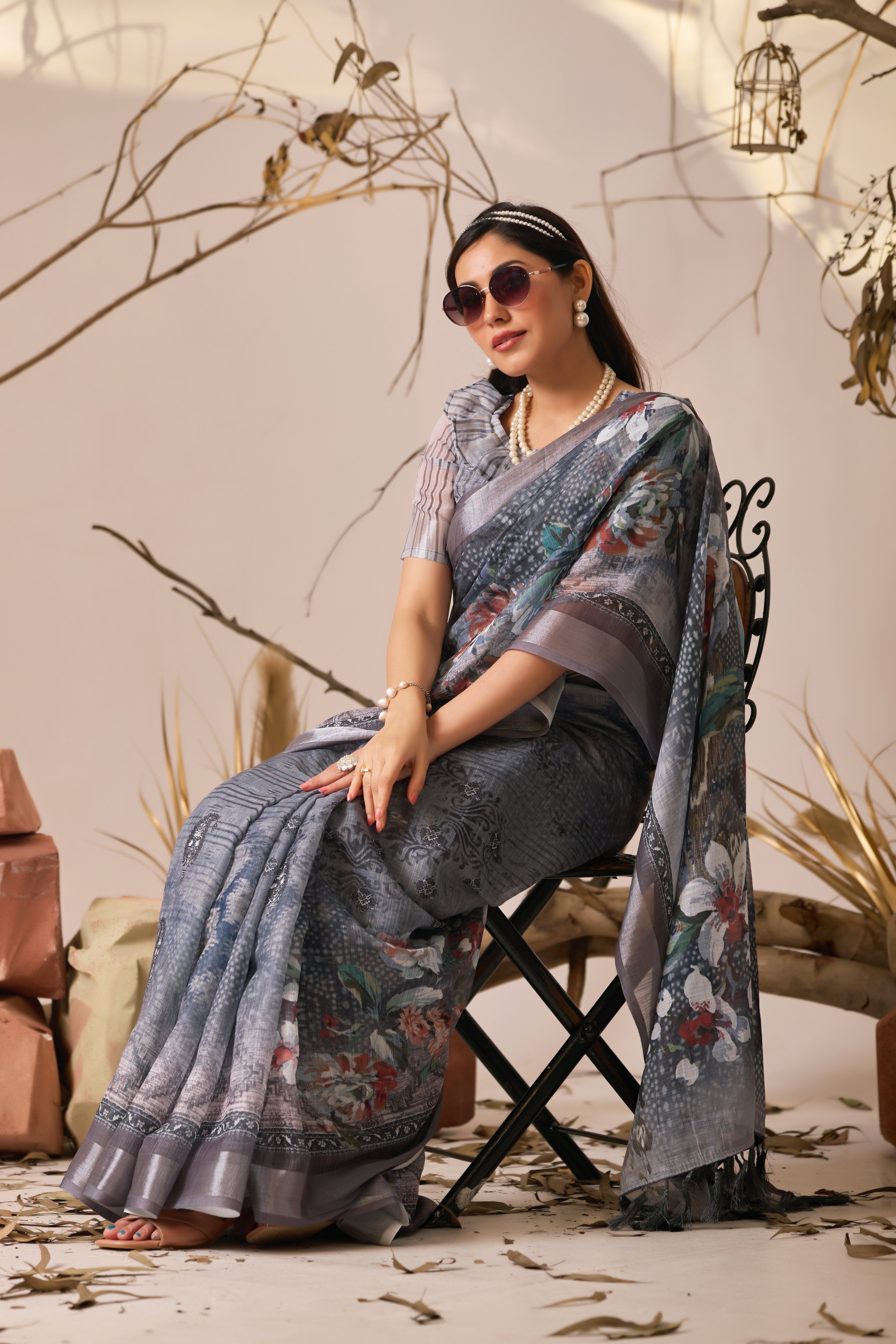 Premium Linen Cotton Saree with Elegant Digital Floral & Royal Ethnic Print & Classic Contrast Patola Style Border