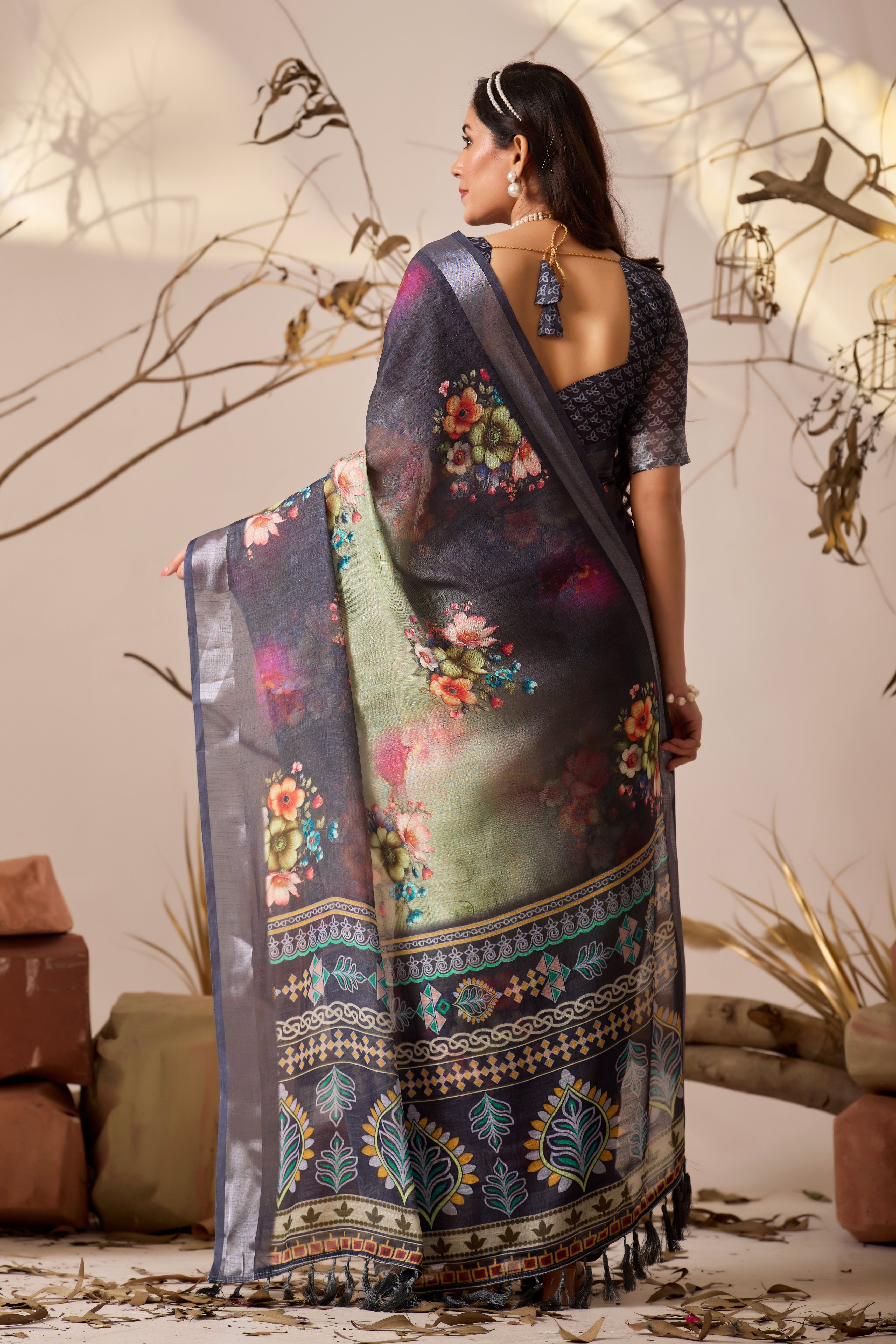 Premium Linen Cotton Saree with Elegant Digital Floral & Royal Ethnic Print & Classic Contrast Patola Style Border