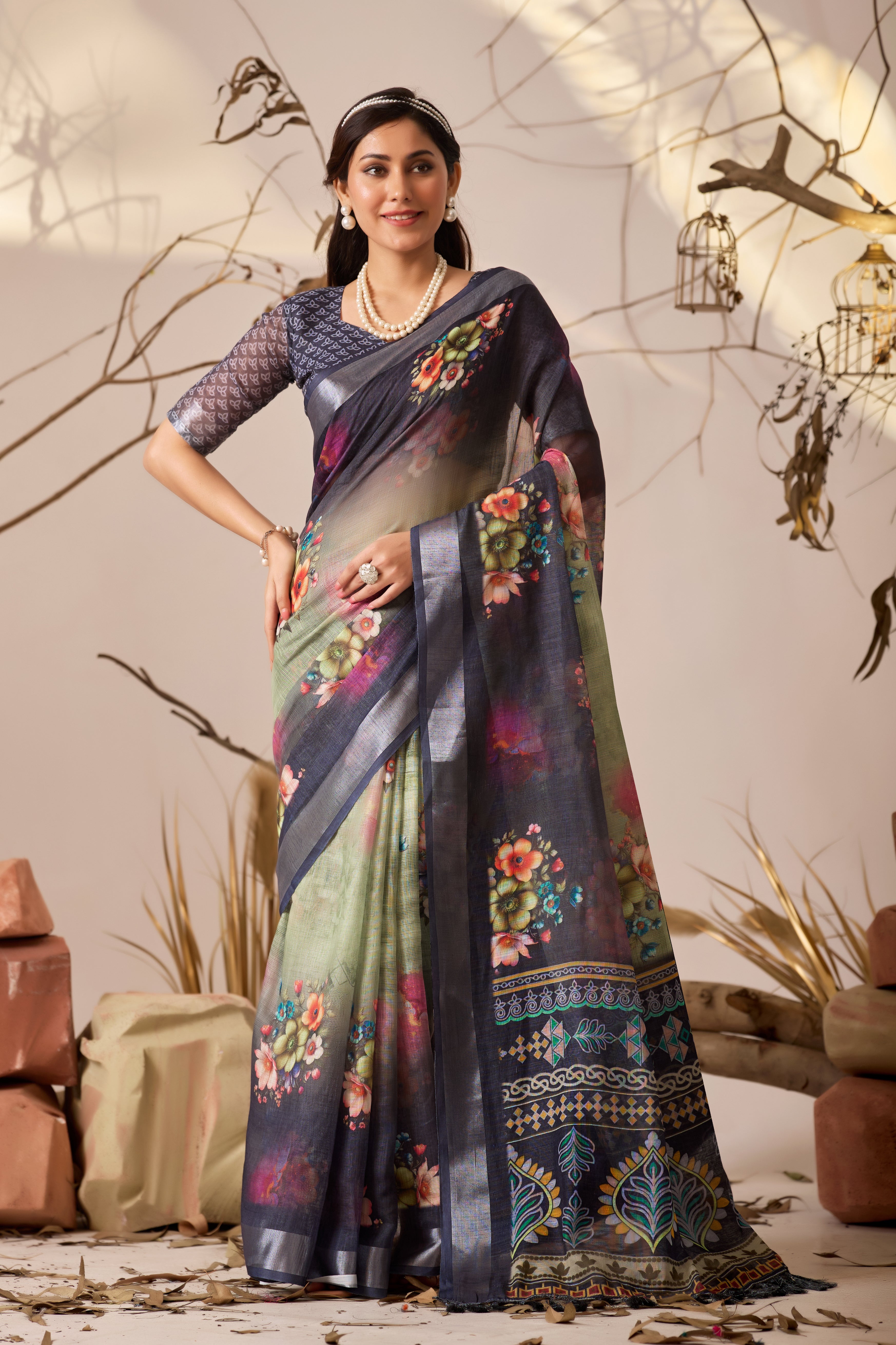 Premium Linen Cotton Saree with Elegant Digital Floral & Royal Ethnic Print & Classic Contrast Patola Style Border
