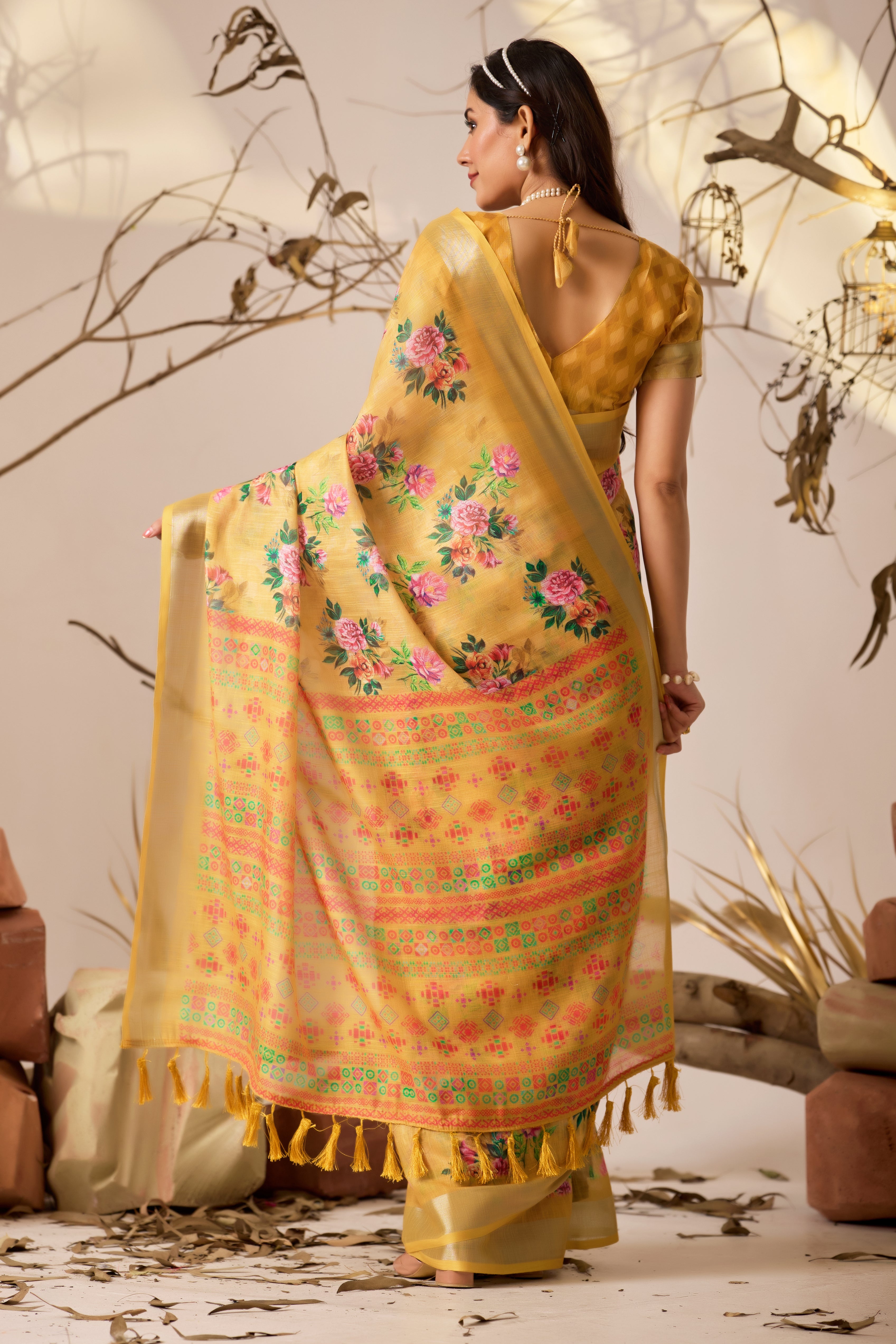Premium Linen Cotton Saree Traditional Patola Style Print with Classic Contrast Border