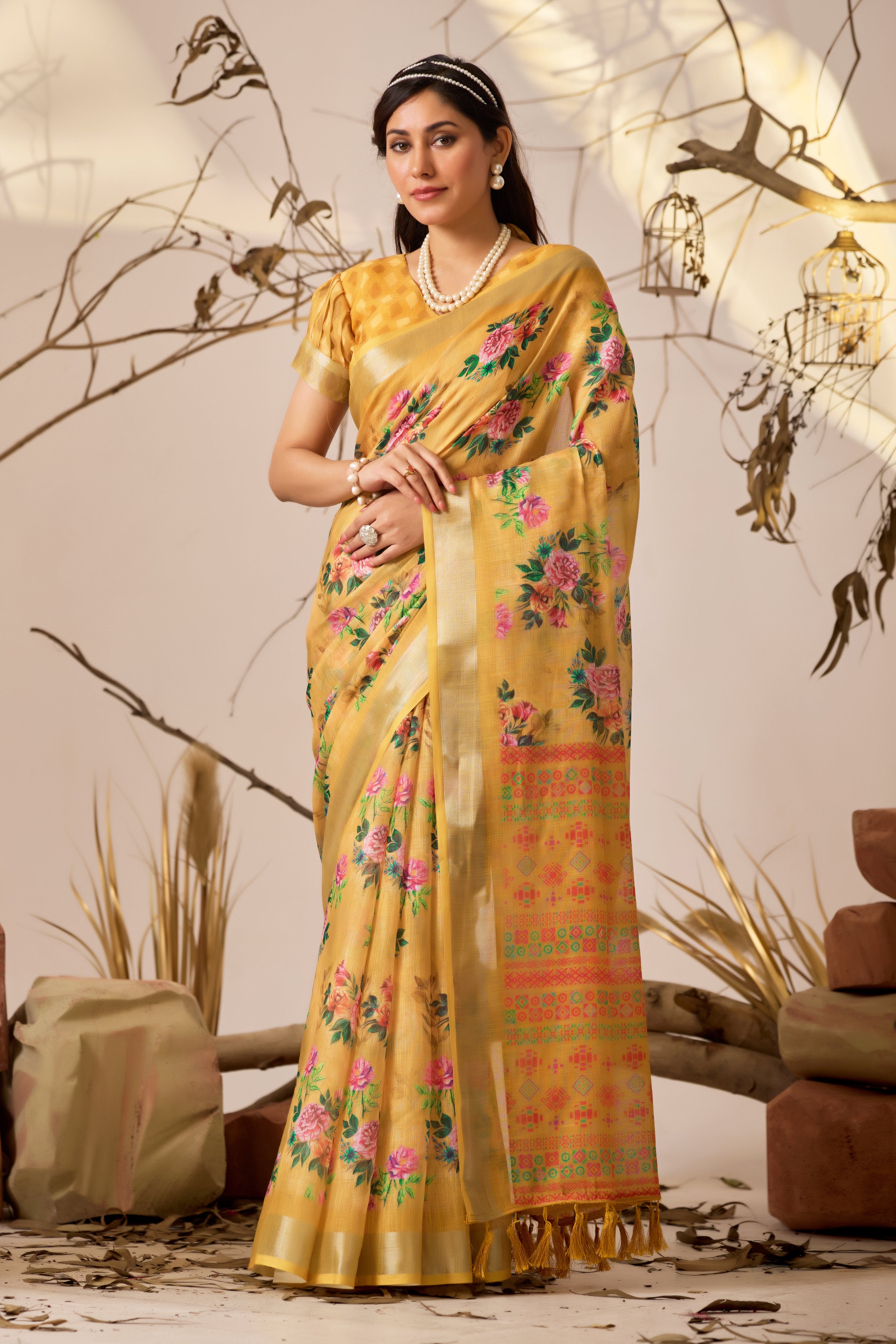 Premium Linen Cotton Saree Traditional Patola Style Print with Classic Contrast Border