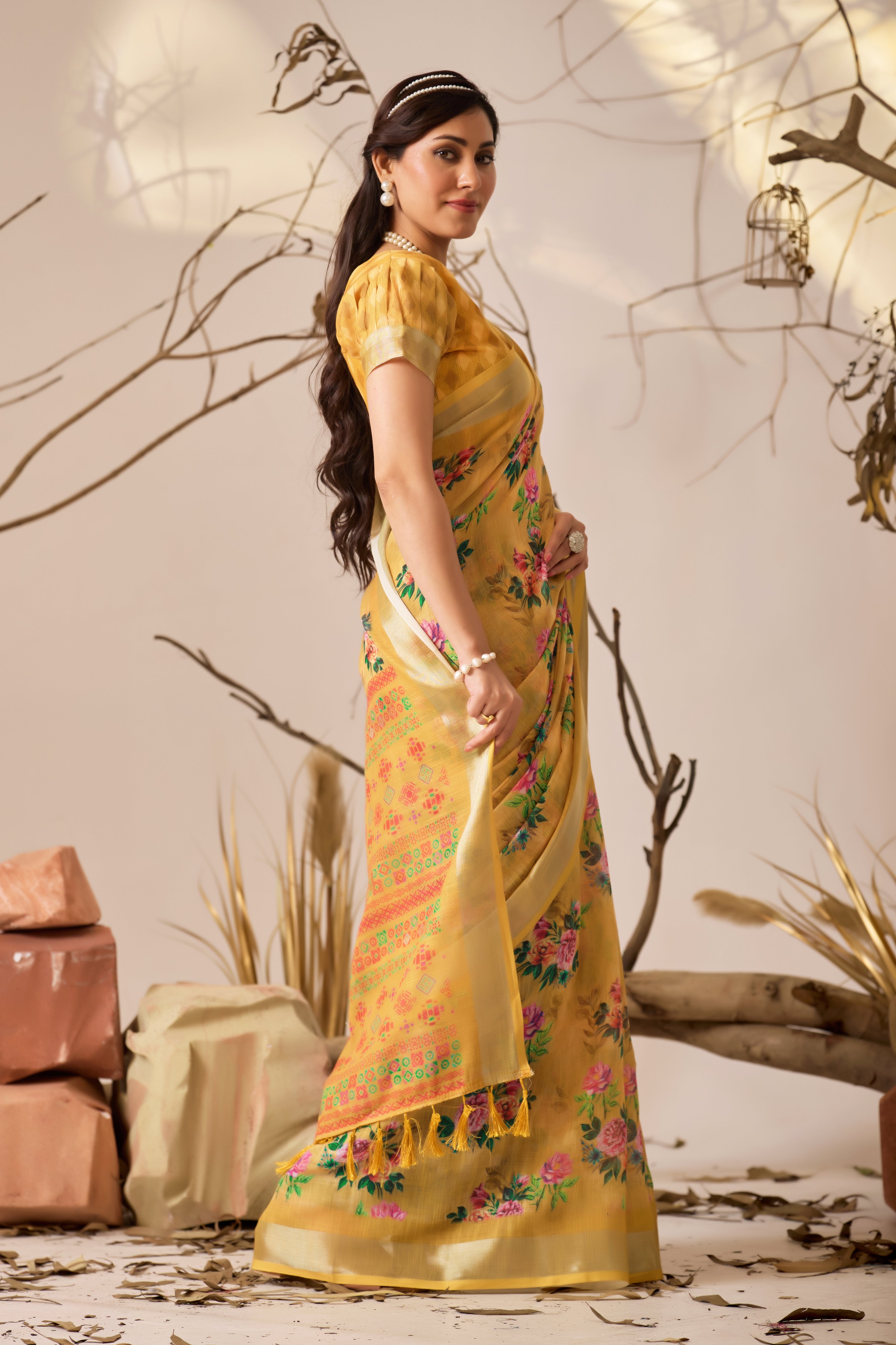 Premium Linen Cotton Saree Traditional Patola Style Print with Classic Contrast Border