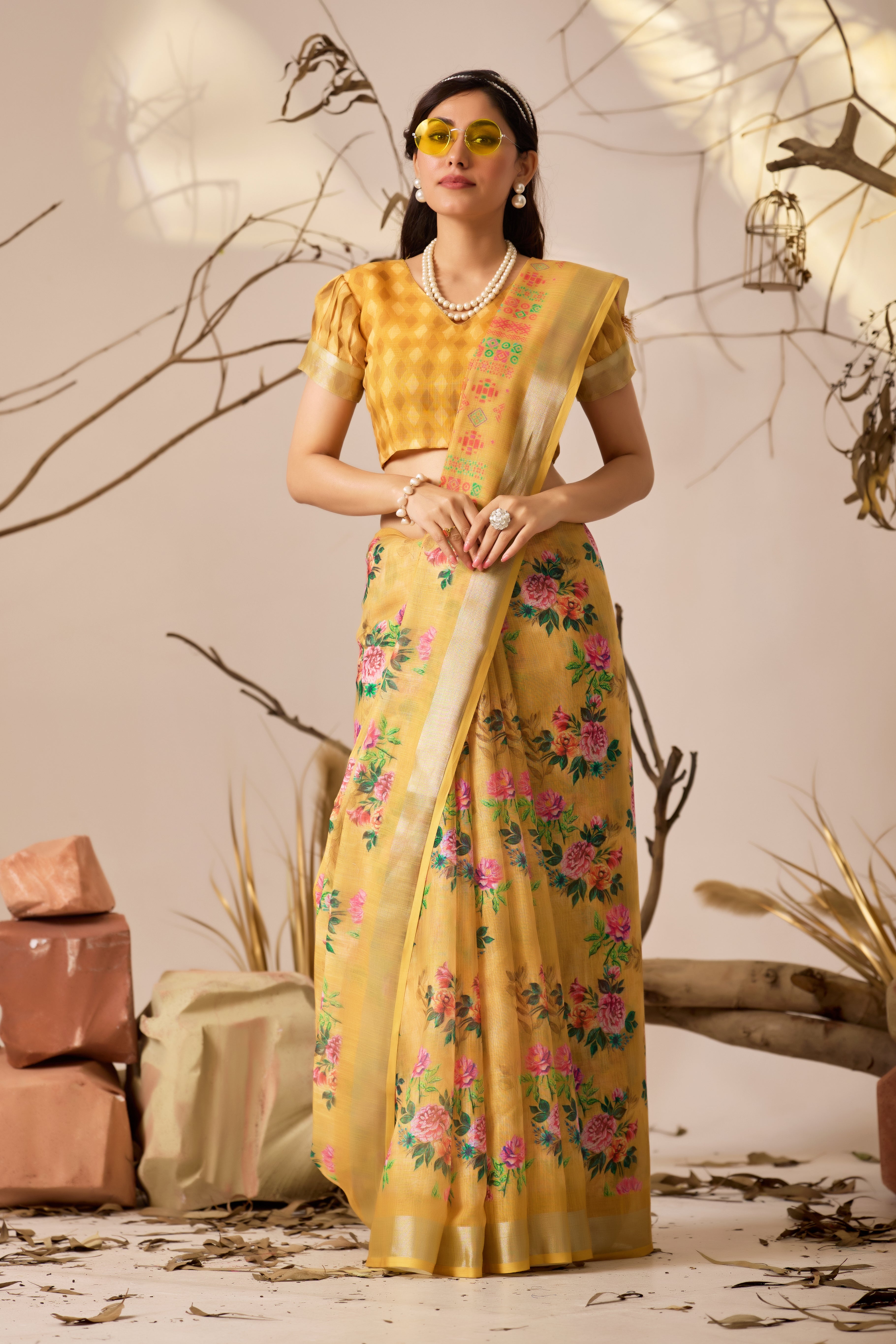 Premium Linen Cotton Saree Traditional Patola Style Print with Classic Contrast Border