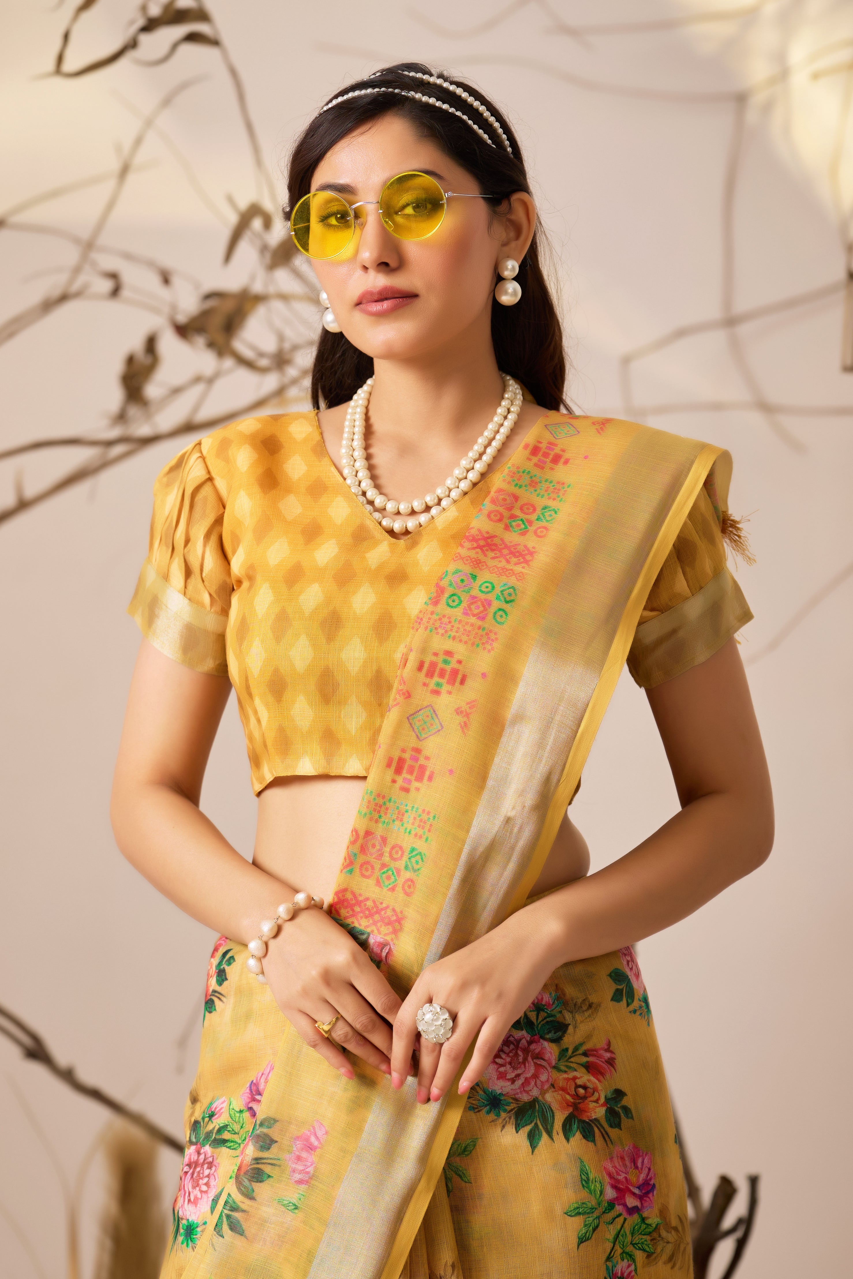 Premium Linen Cotton Saree Traditional Patola Style Print with Classic Contrast Border