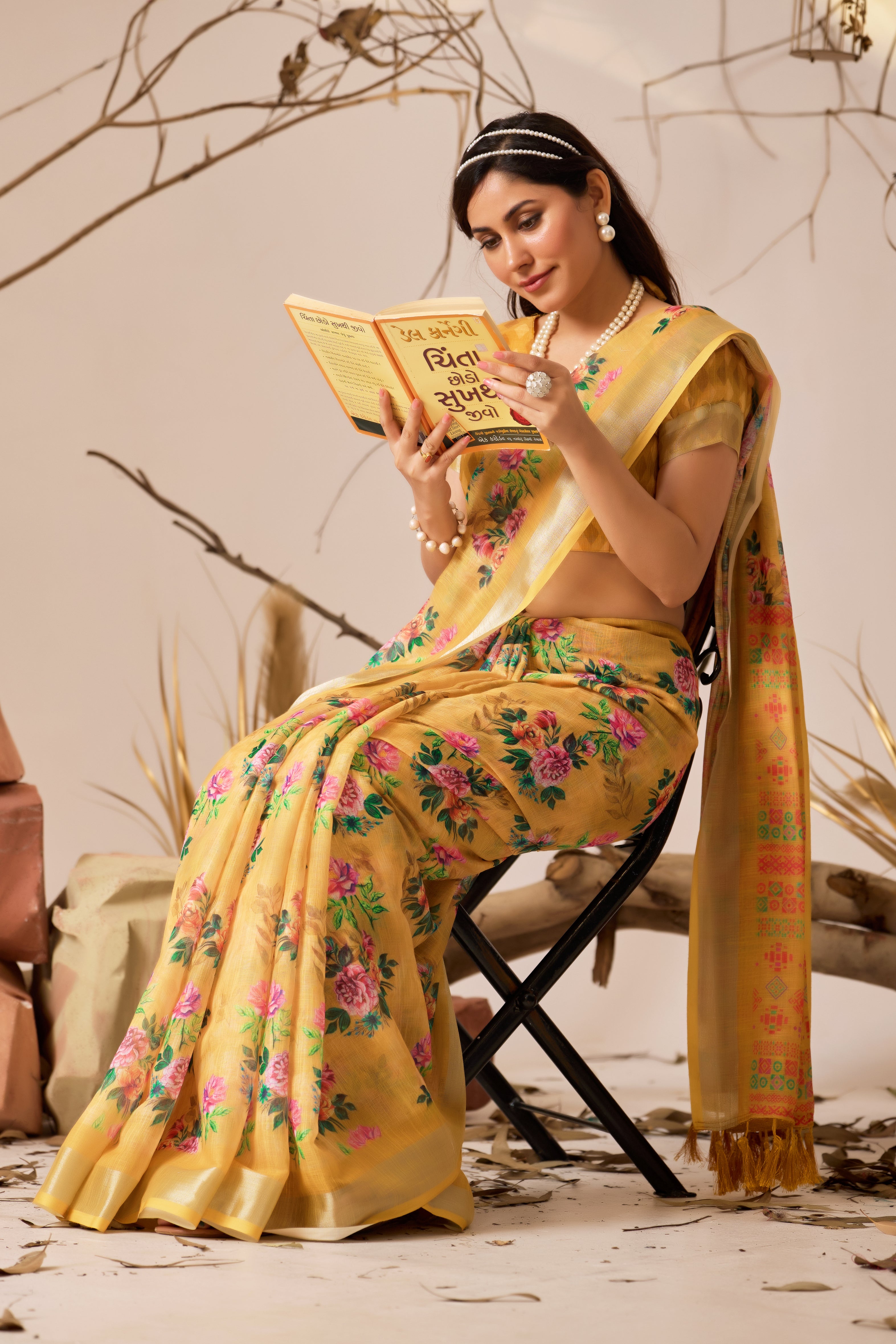 Premium Linen Cotton Saree Traditional Patola Style Print with Classic Contrast Border