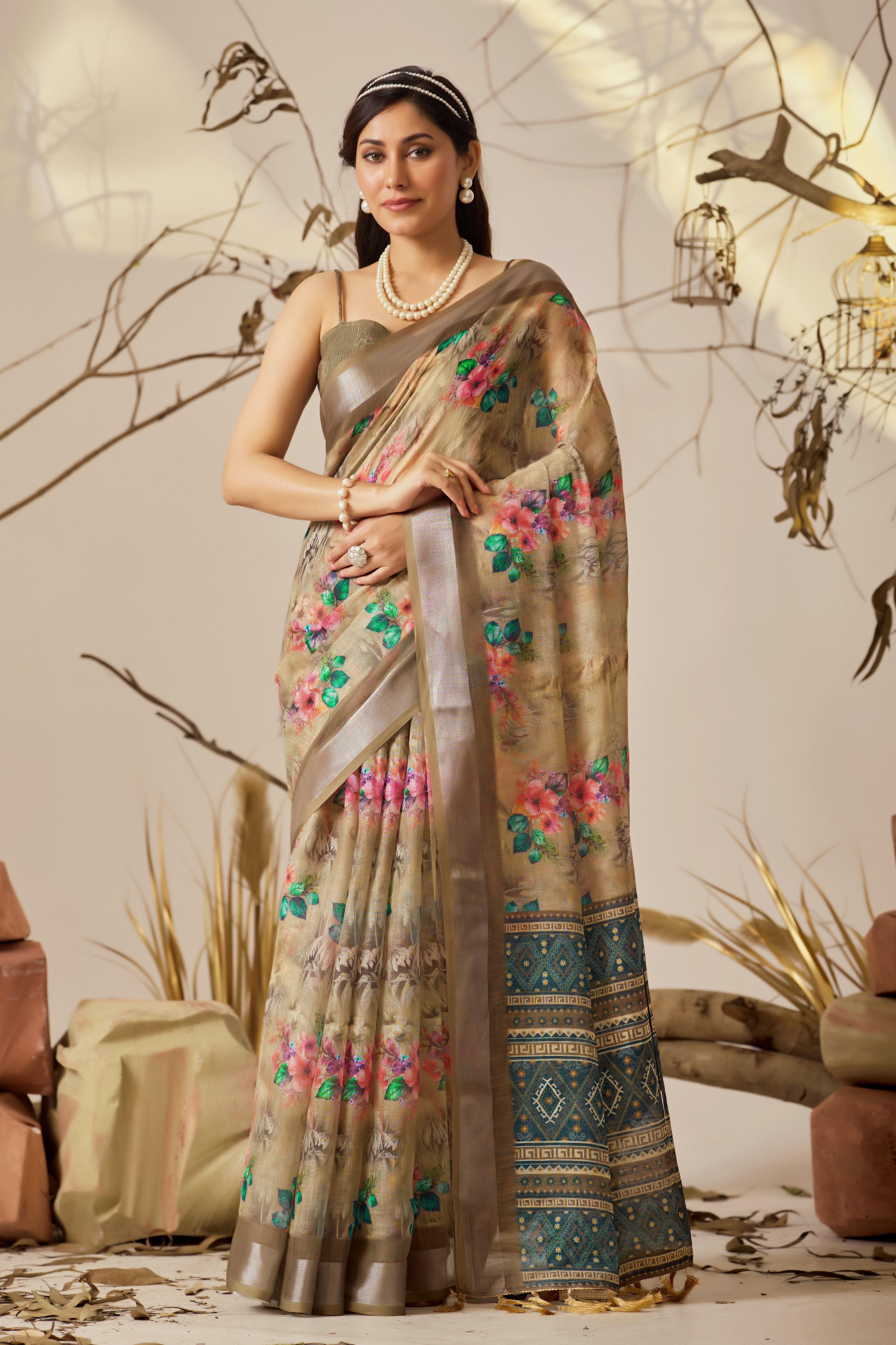 Premium Linen Cotton Saree with Elegant Digital Floral