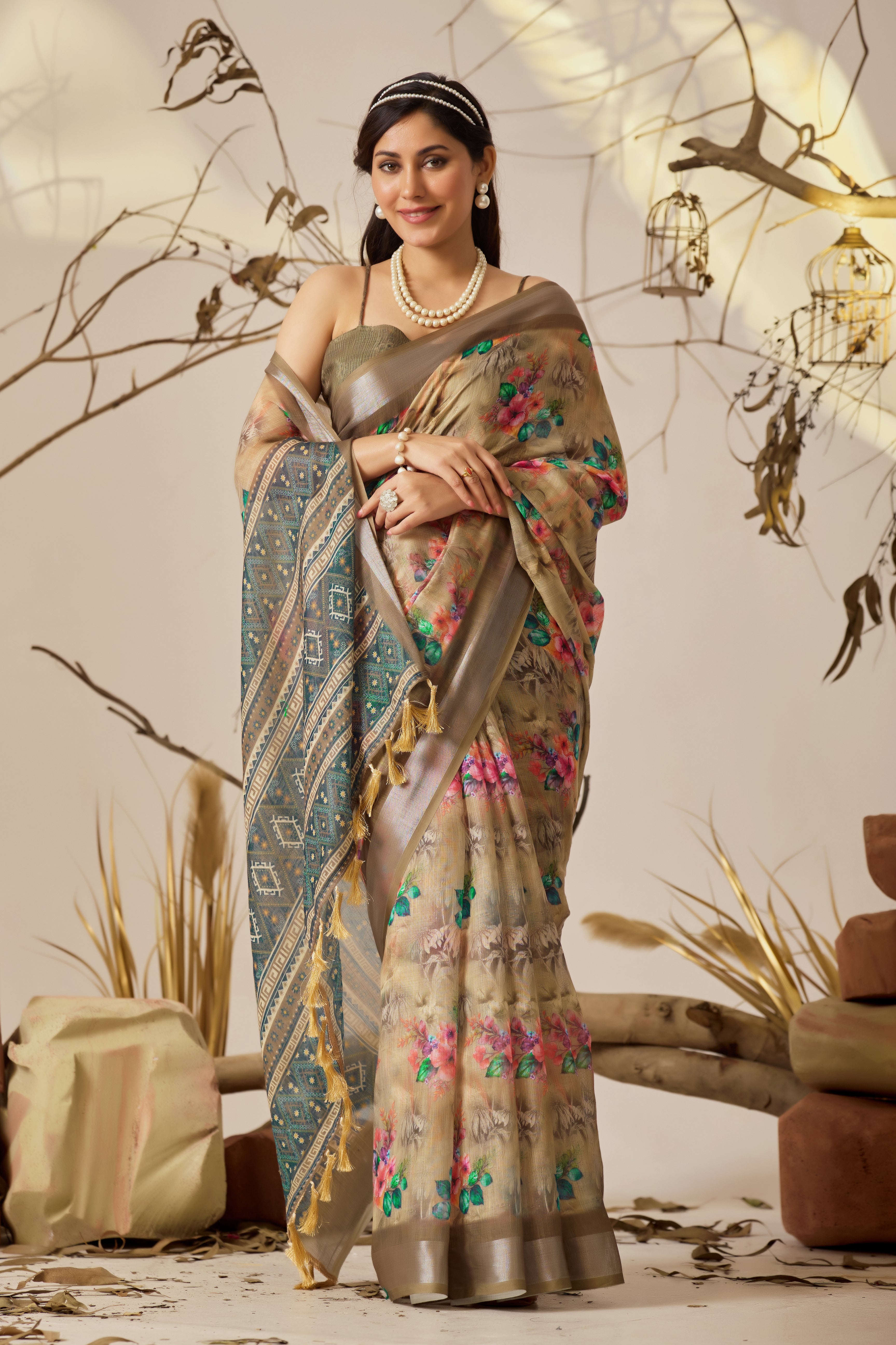 Premium Linen Cotton Saree with Elegant Digital Floral