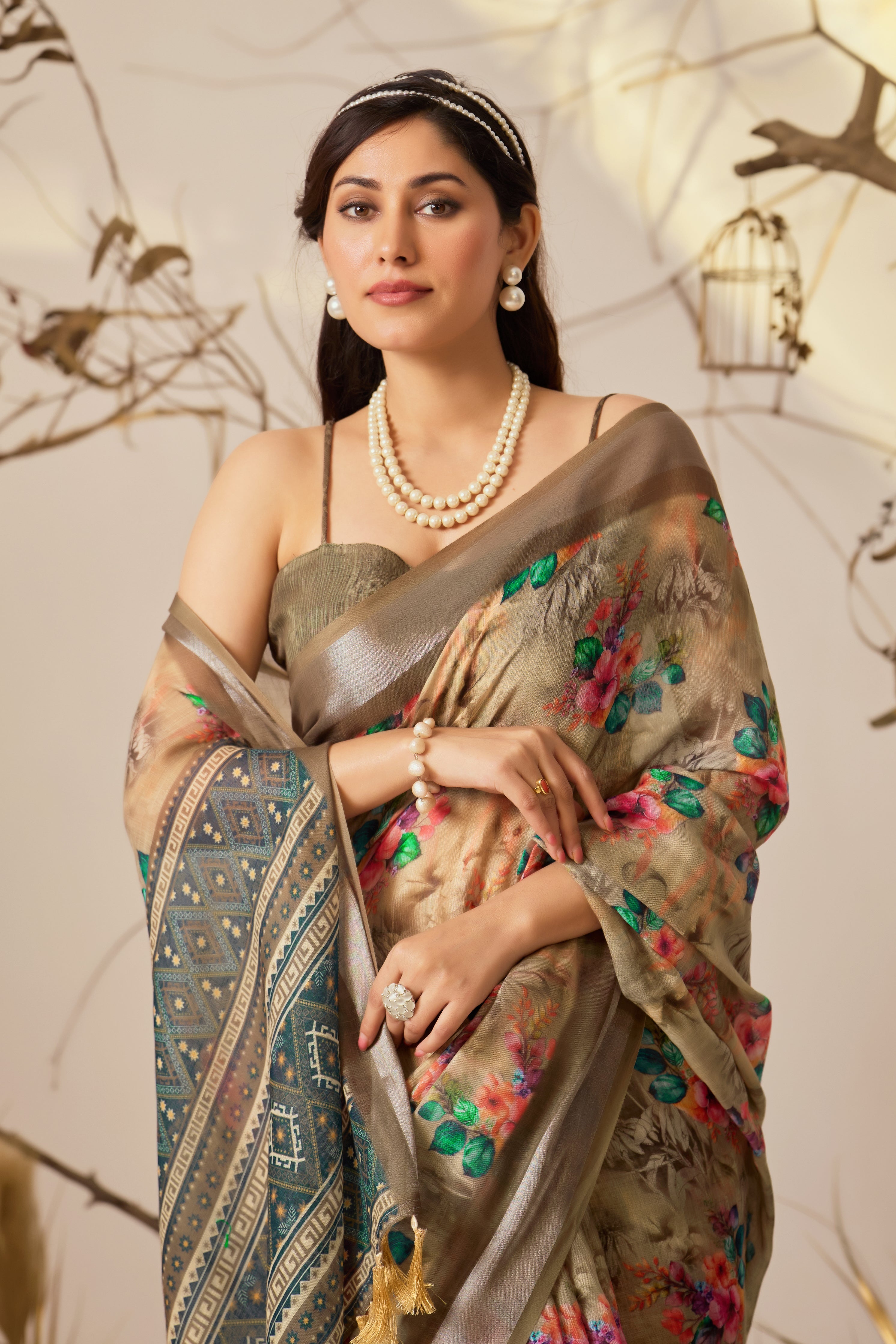 Premium Linen Cotton Saree with Elegant Digital Floral