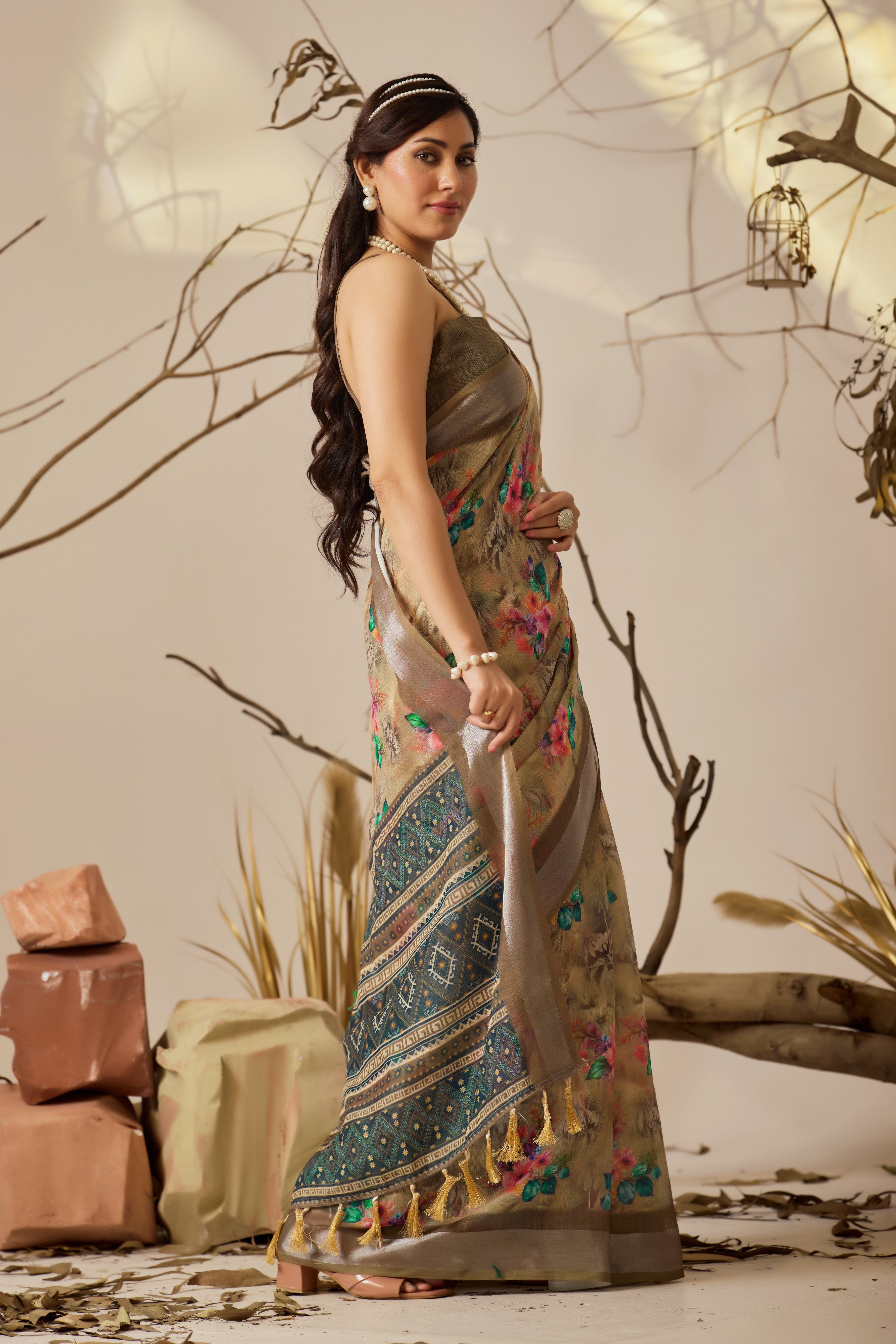 Premium Linen Cotton Saree with Elegant Digital Floral