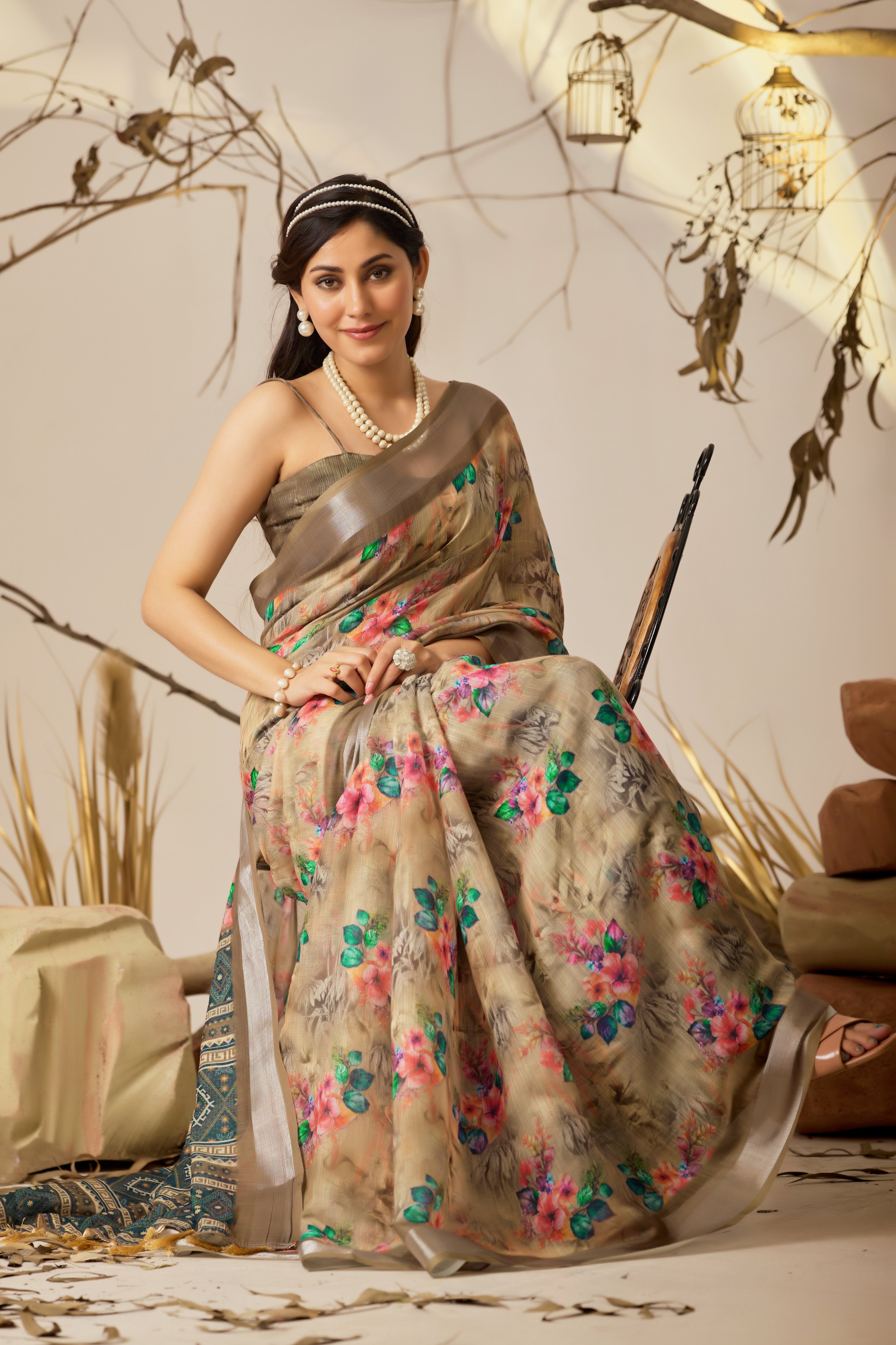 Premium Linen Cotton Saree with Elegant Digital Floral