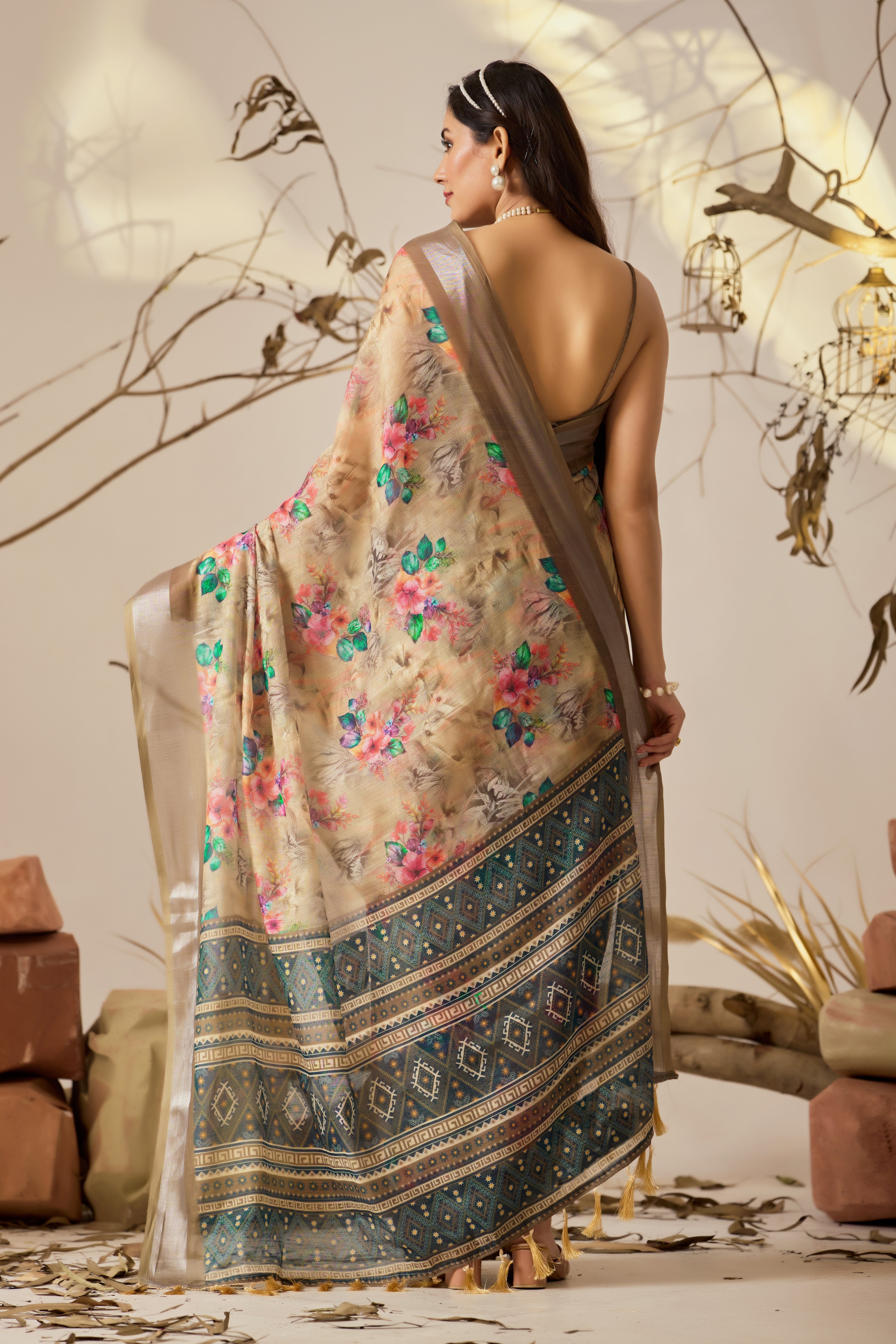 Premium Linen Cotton Saree with Elegant Digital Floral